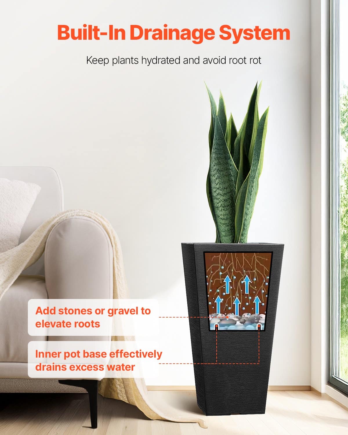 VEVOR Set of 2 Tall 56cm Black Outdoor Planters with Drainage – Modern Square Pots for Indoor & Outdoor Plants - Pilt 4