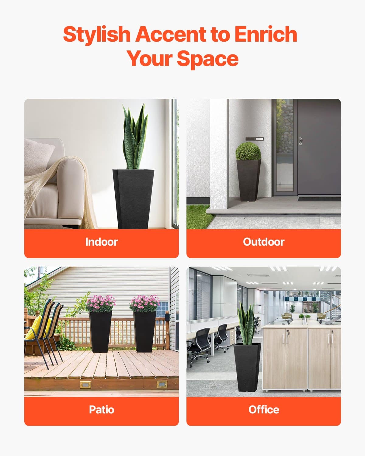 VEVOR Set of 2 Tall 56cm Black Outdoor Planters with Drainage – Modern Square Pots for Indoor & Outdoor Plants - Pilt 5