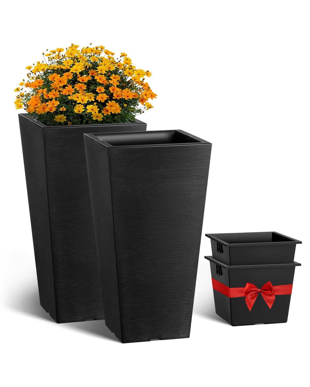 VEVOR Set of 2 Tall 56cm Black Outdoor Planters with Drainage – Modern Square Pots for Indoor & Outdoor Plants