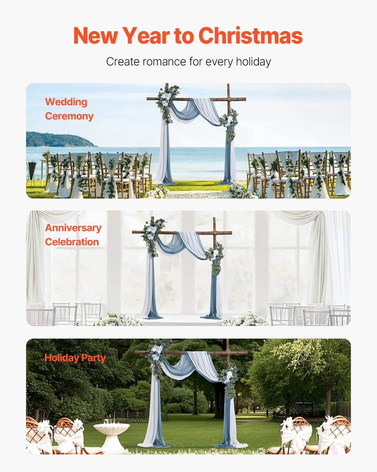 VEVOR Artificial Wedding Arch Flowers Kit with Blue Silk Flowers & 6.4m Drapes, 4-Piece Set for Ceremony & Event Decoration — изображение 6