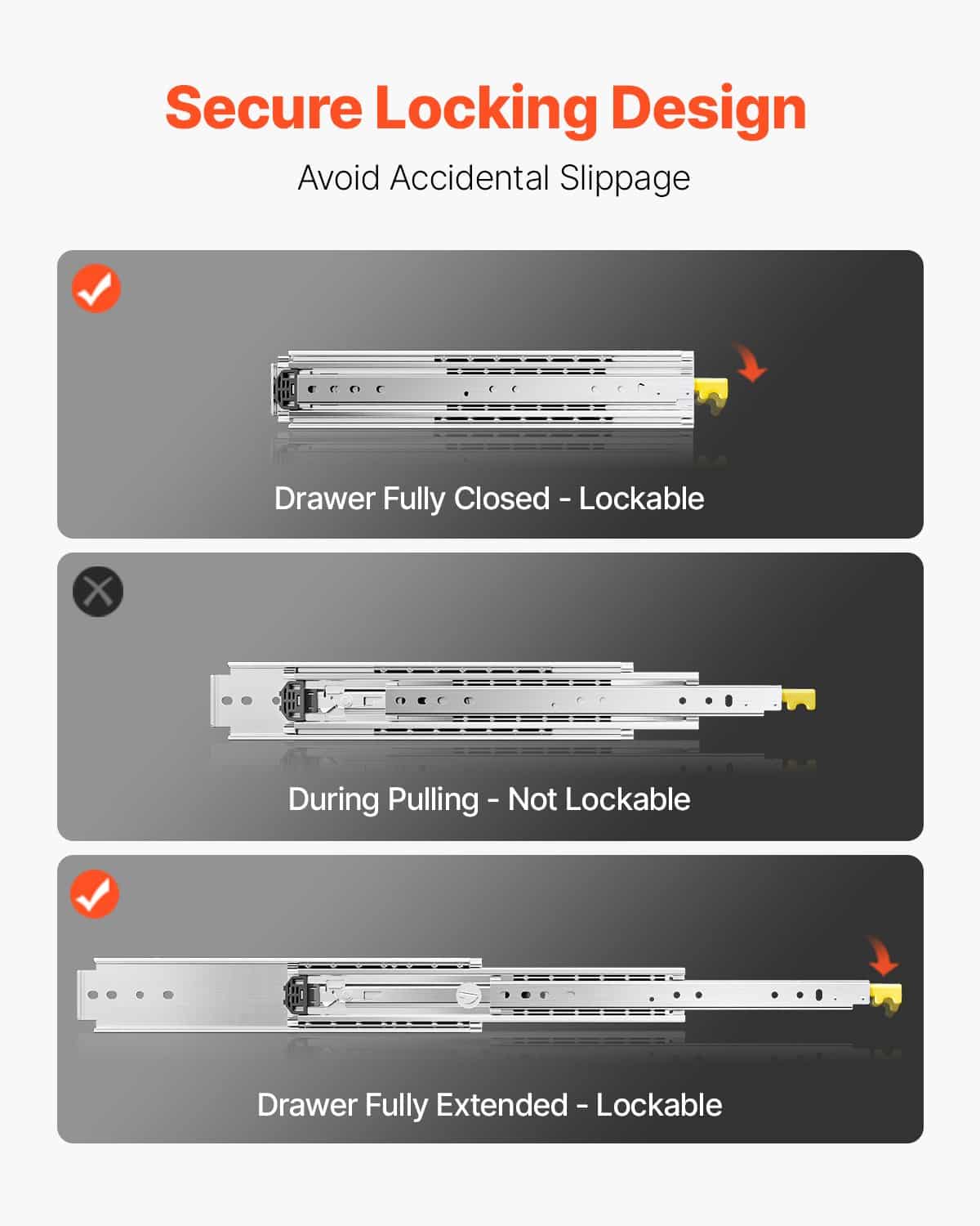 VEVOR Heavy-Duty Locking Drawer Slides, 1 Pair, 500 kg Load, Full Extension, Ball Bearing, Steel, 843 mm, Side Mount – Paveikslėlis 3