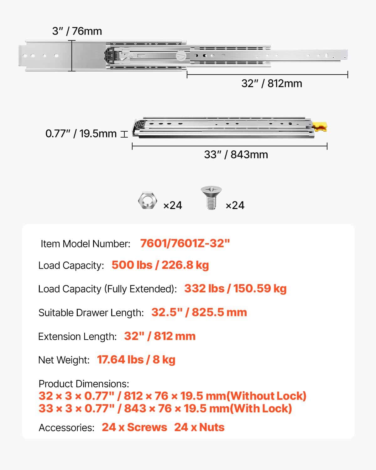 VEVOR Heavy-Duty Locking Drawer Slides, 1 Pair, 500 kg Load, Full Extension, Ball Bearing, Steel, 843 mm, Side Mount – Paveikslėlis 7
