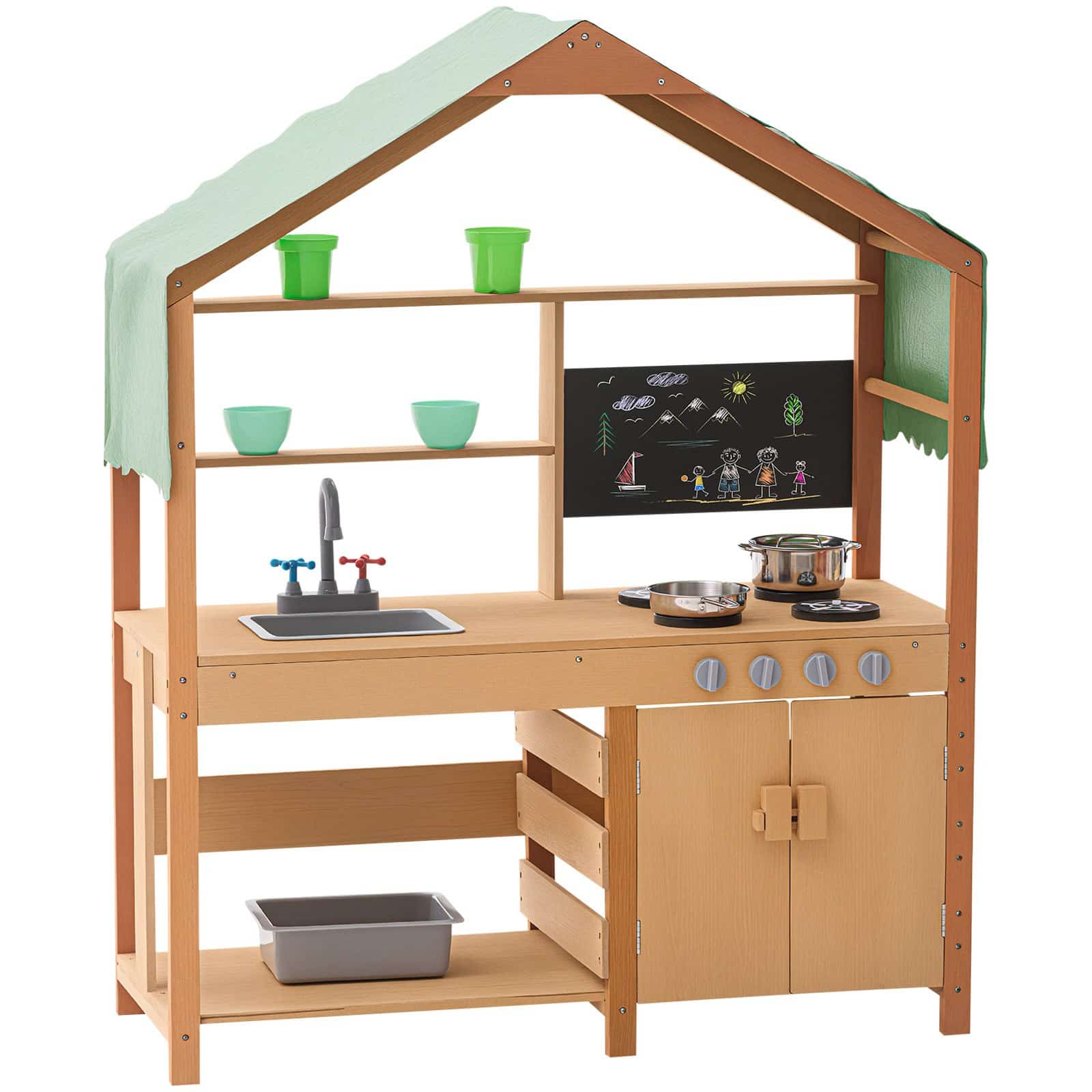 VEVOR Kids Outdoor Wooden Mud Kitchen with Sink, Stove, Chalkboard & Accessories – Pretend Play Set with Canopy & Planter Boxes - Pilt 12