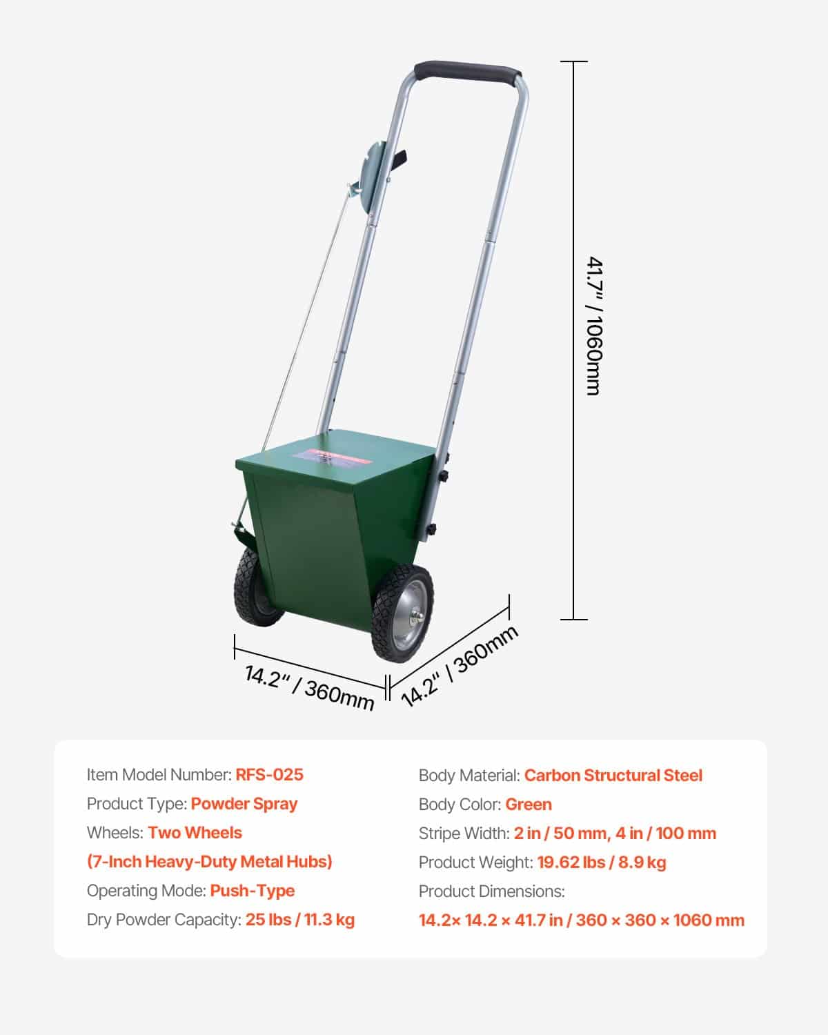VEVOR Dry Line Marker with 2 Wheels, Adjustable 5–10 cm Line Width, 11.3 kg Capacity, for Baseball & Softball Fields, Green - Image 7