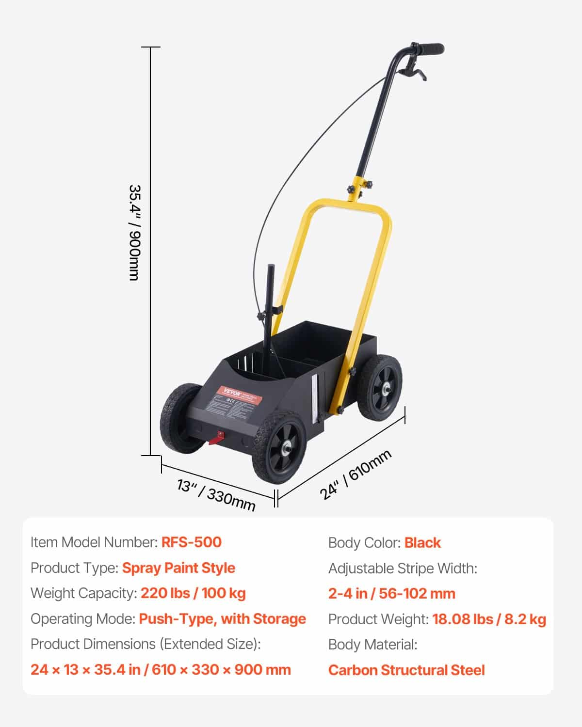 VEVOR Line Marking Machine 61x33x90cm, 4-Wheel Adjustable 5–10cm Striping Width, for Parking, Roads, Sports Fields, Black - Image 7