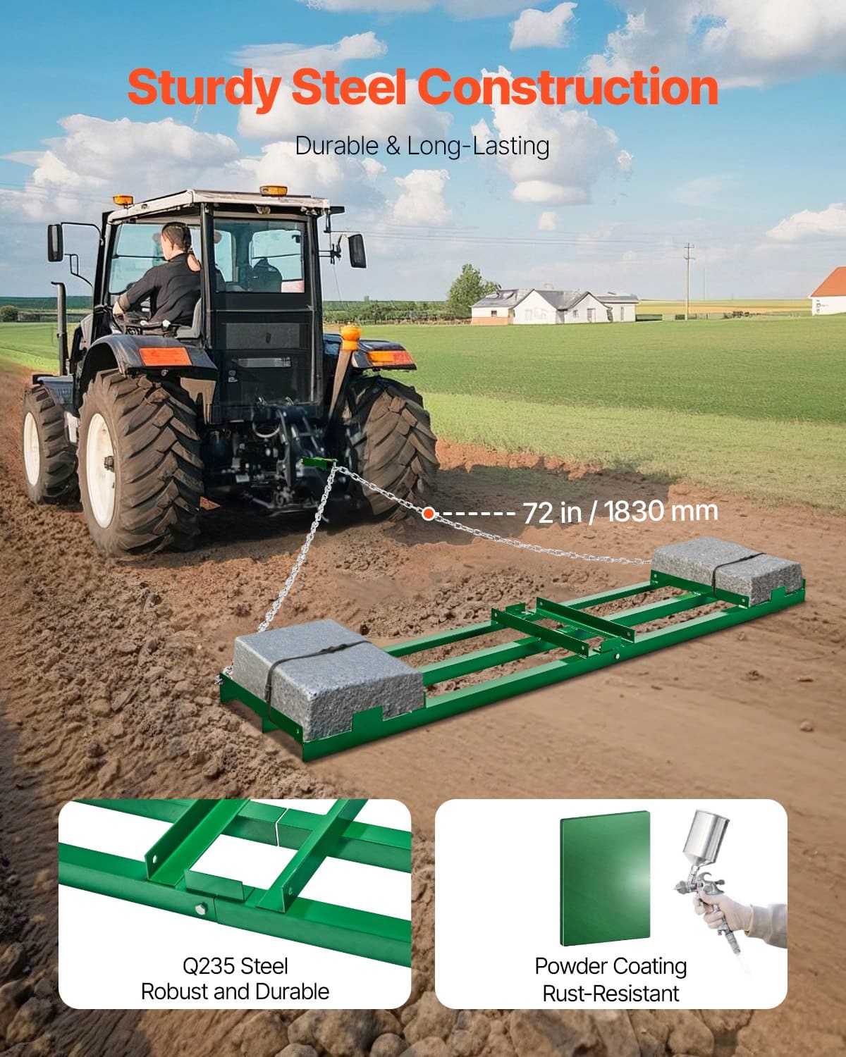 VEVOR 2.4 m Heavy Duty Tow-Behind Drag Harrow with Adjustable Bars & 1.8 m Chain – Lawn, Gravel, and Driveway Leveling Rake — attēls 2