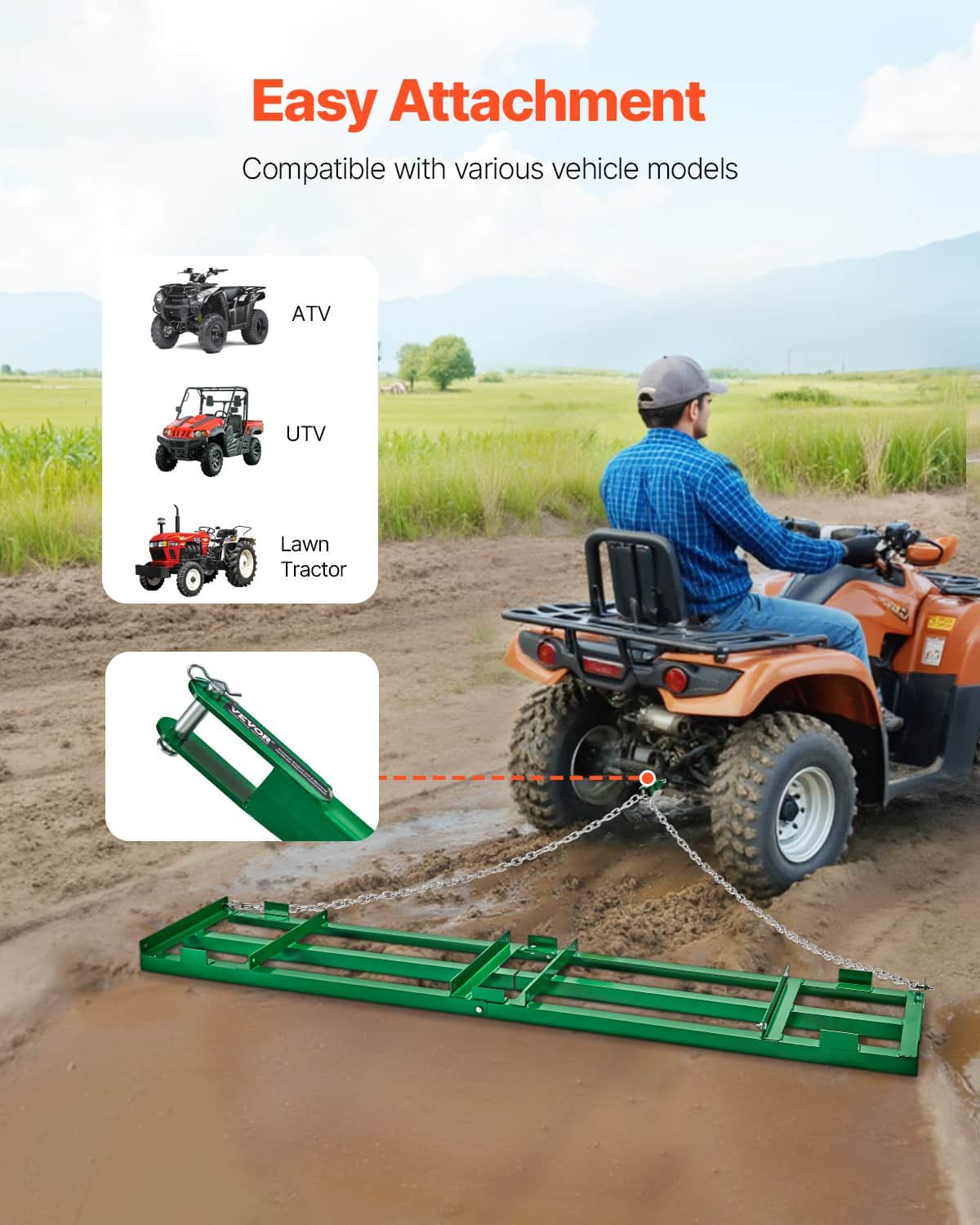 VEVOR 2.4 m Heavy Duty Tow-Behind Drag Harrow with Adjustable Bars & 1.8 m Chain – Lawn, Gravel, and Driveway Leveling Rake — attēls 4