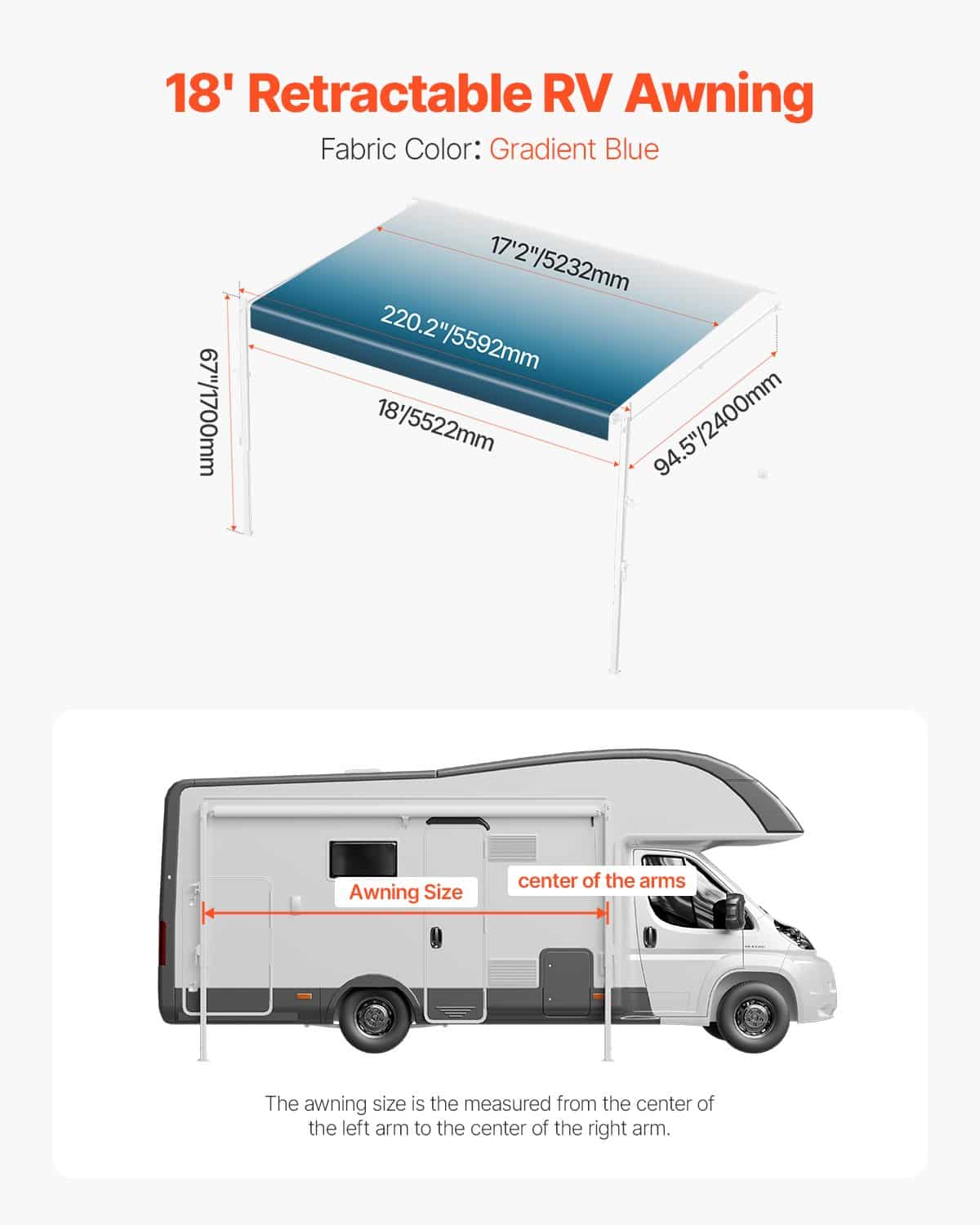 VEVOR Manual RV Awning Kit 5.5m, Retractable Waterproof Awning with Aluminum Frame for Trailers and Campers, Blue Fade - Pilt 7