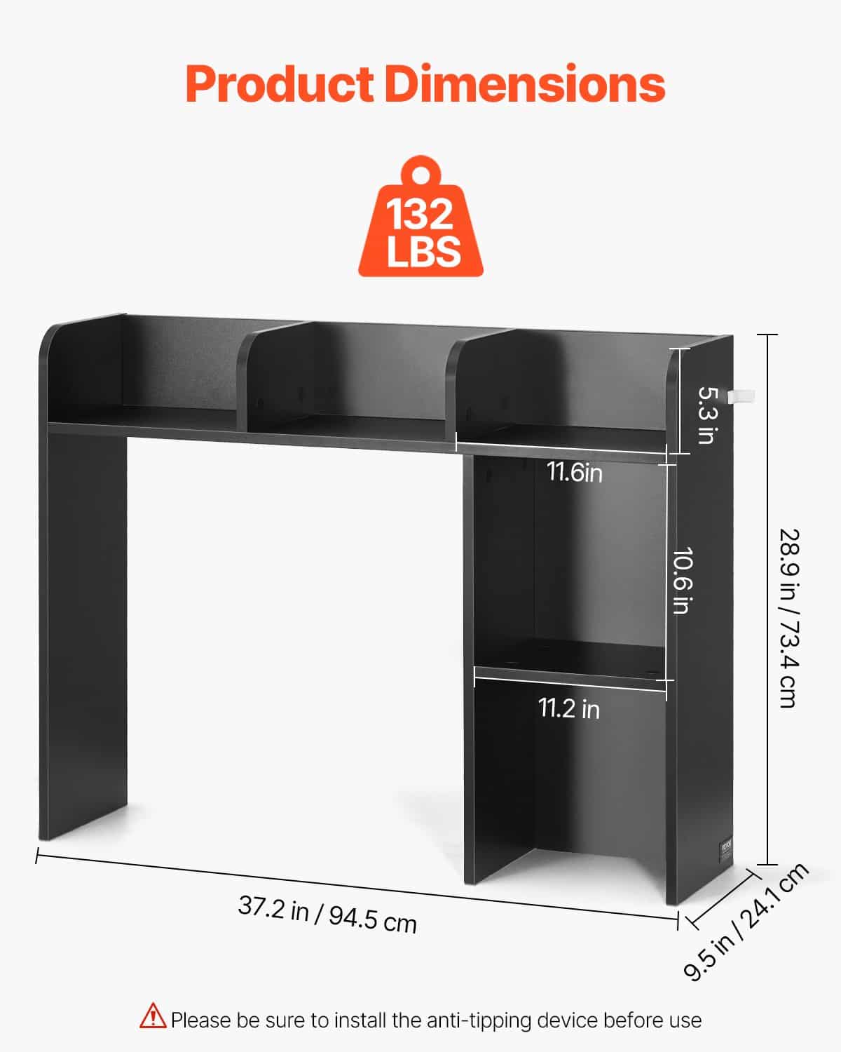 VEVOR 2-Tier Desktop Bookshelf Hutch, 94.5x24.1x73.4 cm, Wood Storage Organizer with Anti-Slip Pads for Office, Home, Dorm, Black — изображение 3