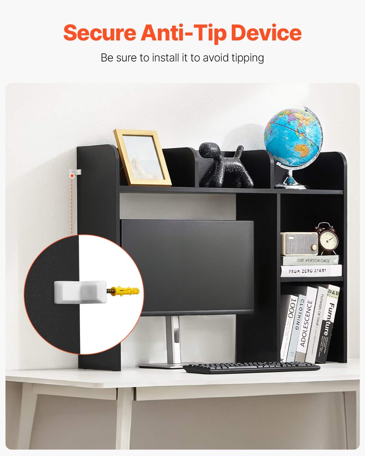 VEVOR 2-Tier Desktop Bookshelf Hutch, 94.5x24.1x73.4 cm, Wood Storage Organizer with Anti-Slip Pads for Office, Home, Dorm, Black — изображение 6