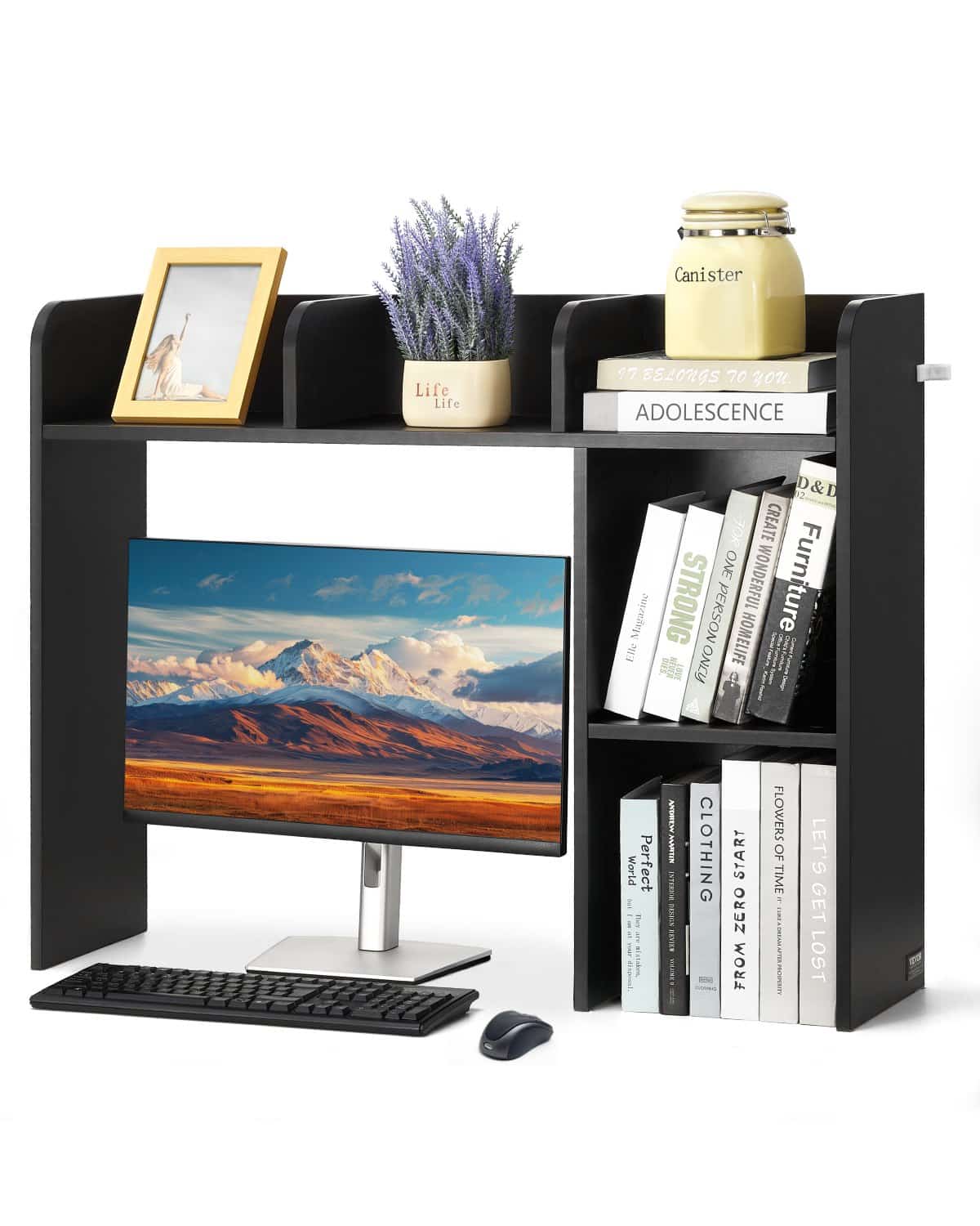 VEVOR 2-уровневая настольная книжная полка 94.5x24.1x73.4 см, деревянный органайзер с противоскользящими ножками для офиса, дома, общежития, черная