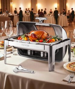 VEVOR 8.5L Roll Top Chafing Dish Set – Stainless Steel Buffet Server with 2 Half Pans, Water Pan & Fuel Holder, Silver