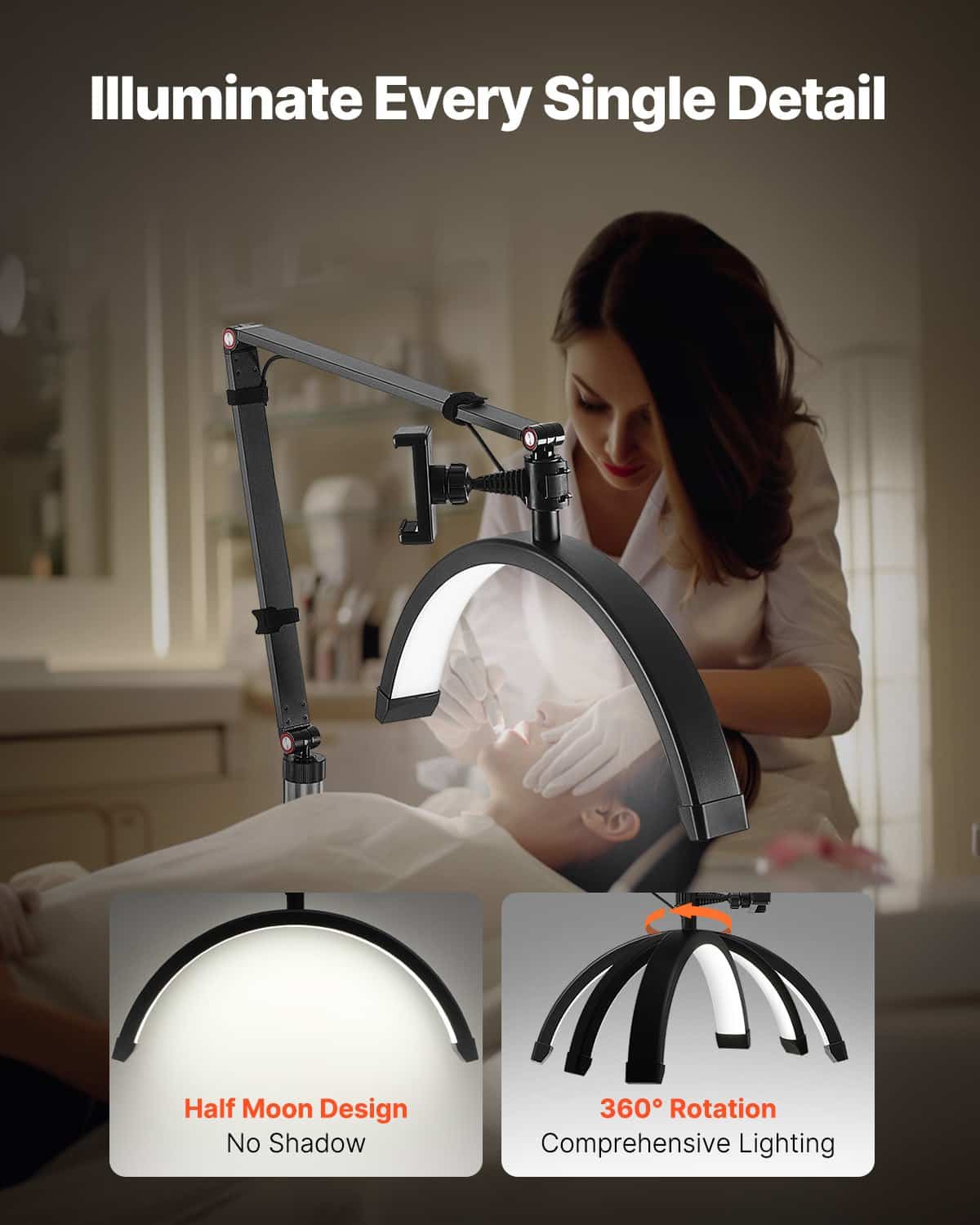 VEVOR 2-in-1 LED Half Moon Lash Light with Phone Holder & Remote, Floor & Desk Lamp for Eyelash Extensions, 3000K–6000K - Image 3
