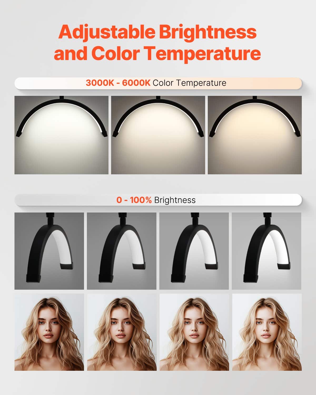 VEVOR 2-in-1 LED Half Moon Lash Light with Phone Holder & Remote, Floor & Desk Lamp for Eyelash Extensions, 3000K–6000K - Image 4