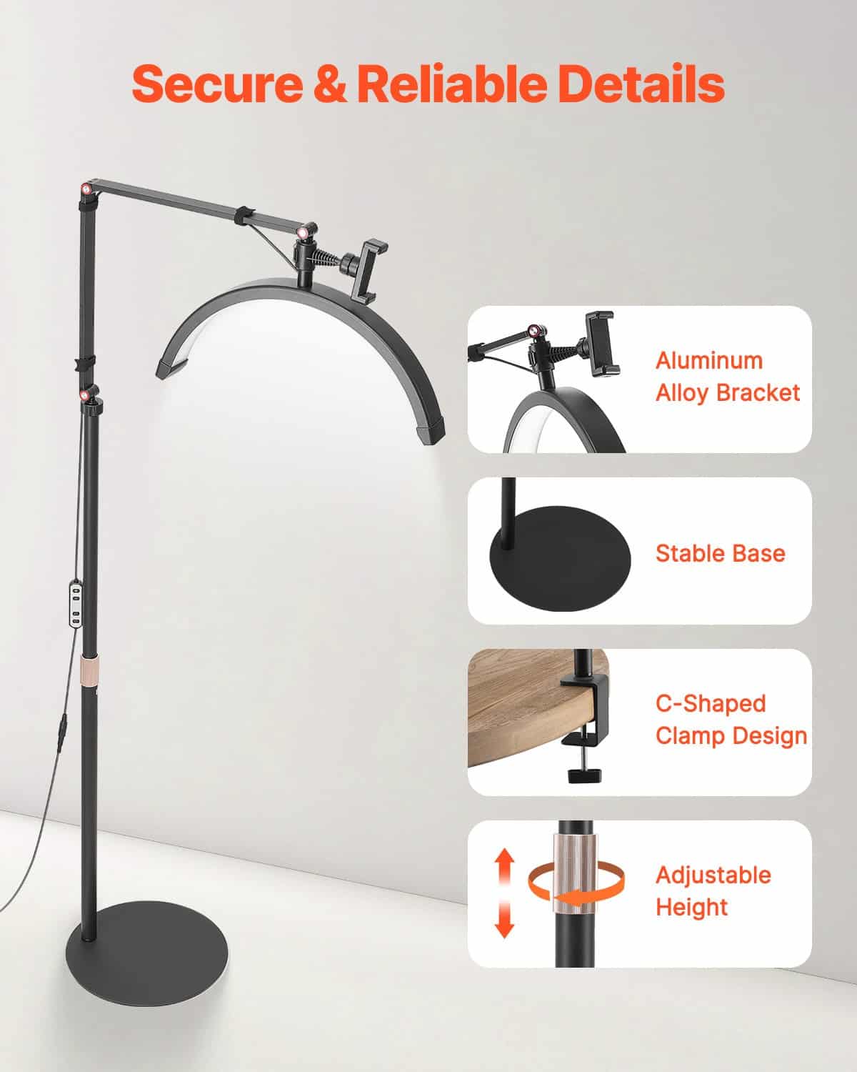 VEVOR 2-in-1 LED Half Moon Lash Light with Phone Holder & Remote, Floor & Desk Lamp for Eyelash Extensions, 3000K–6000K - Image 5