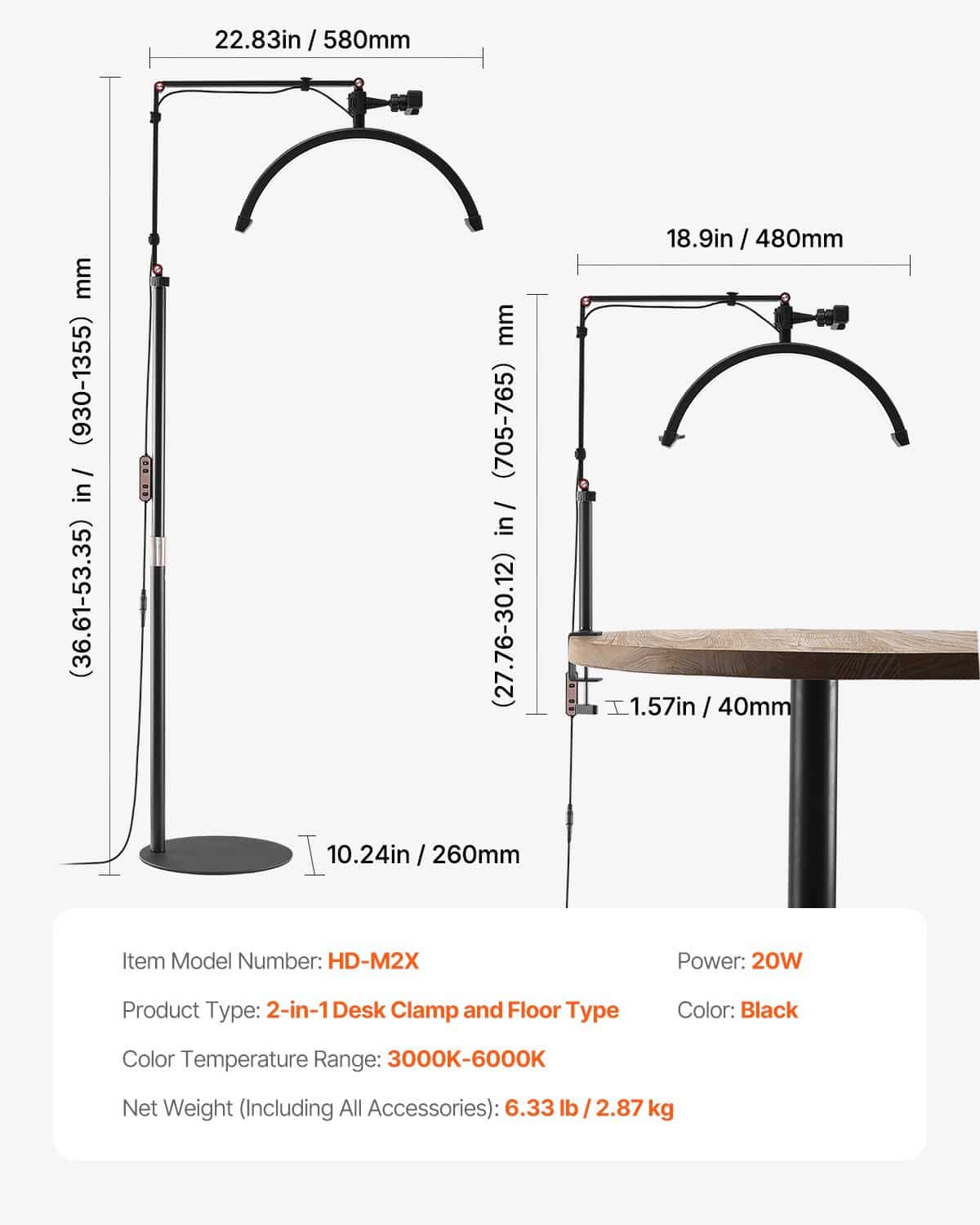 VEVOR 2-in-1 LED Half Moon Lash Light with Phone Holder & Remote, Floor & Desk Lamp for Eyelash Extensions, 3000K–6000K - Image 7