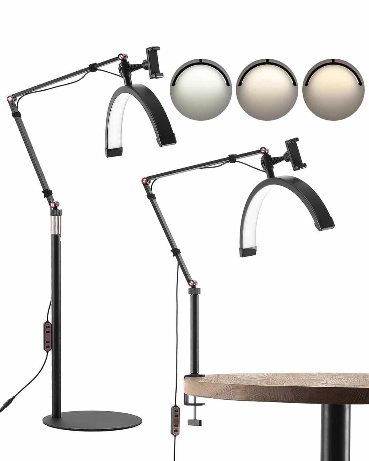 VEVOR 2-in-1 LED Half Moon Lash Light with Phone Holder & Remote, Floor & Desk Lamp for Eyelash Extensions, 3000K–6000K