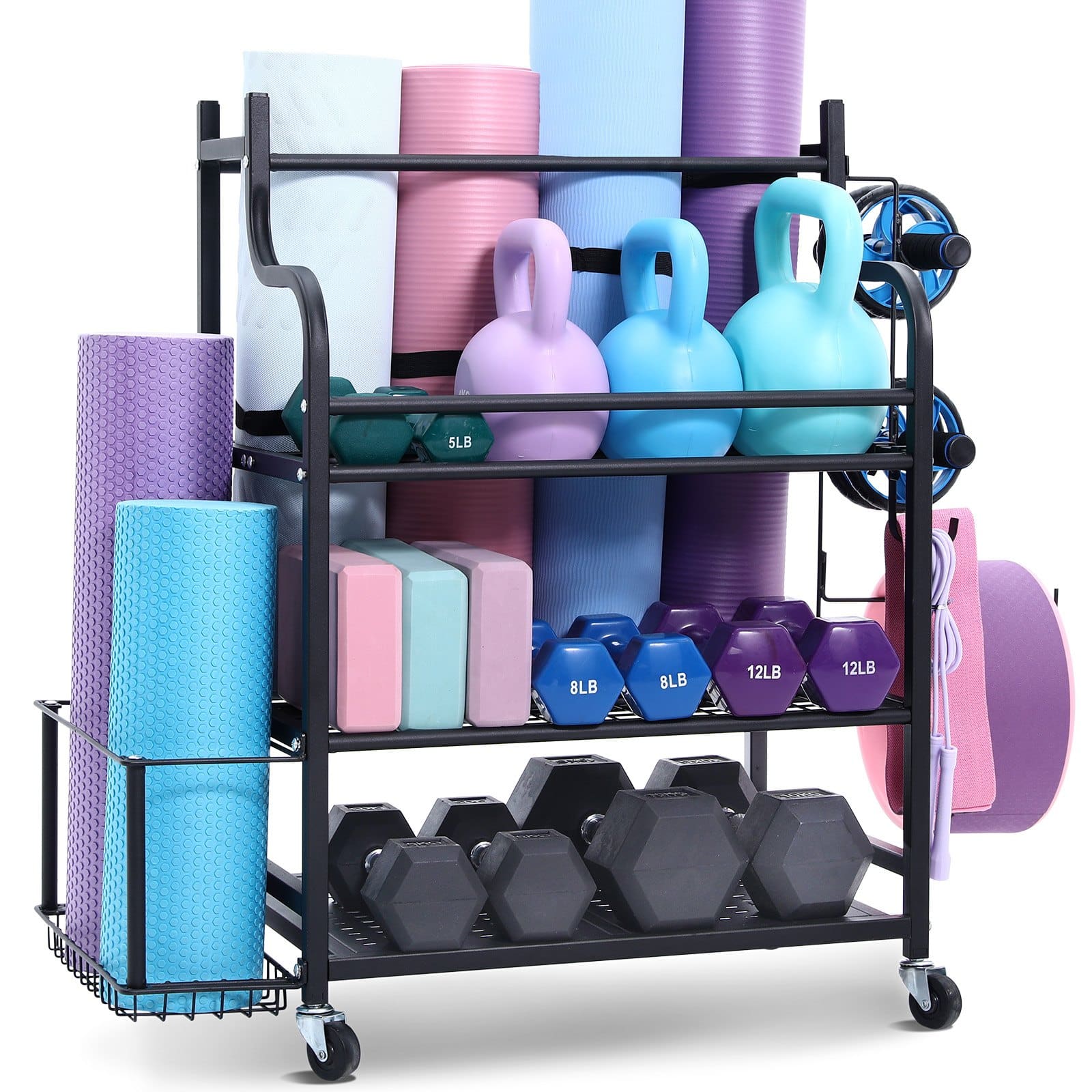 VEVOR Steel Yoga Mat Storage Rack with Hooks & Wheels, Home Gym Organizer for Dumbbells, Kettlebells, Foam Rollers, 1035x405x885mm