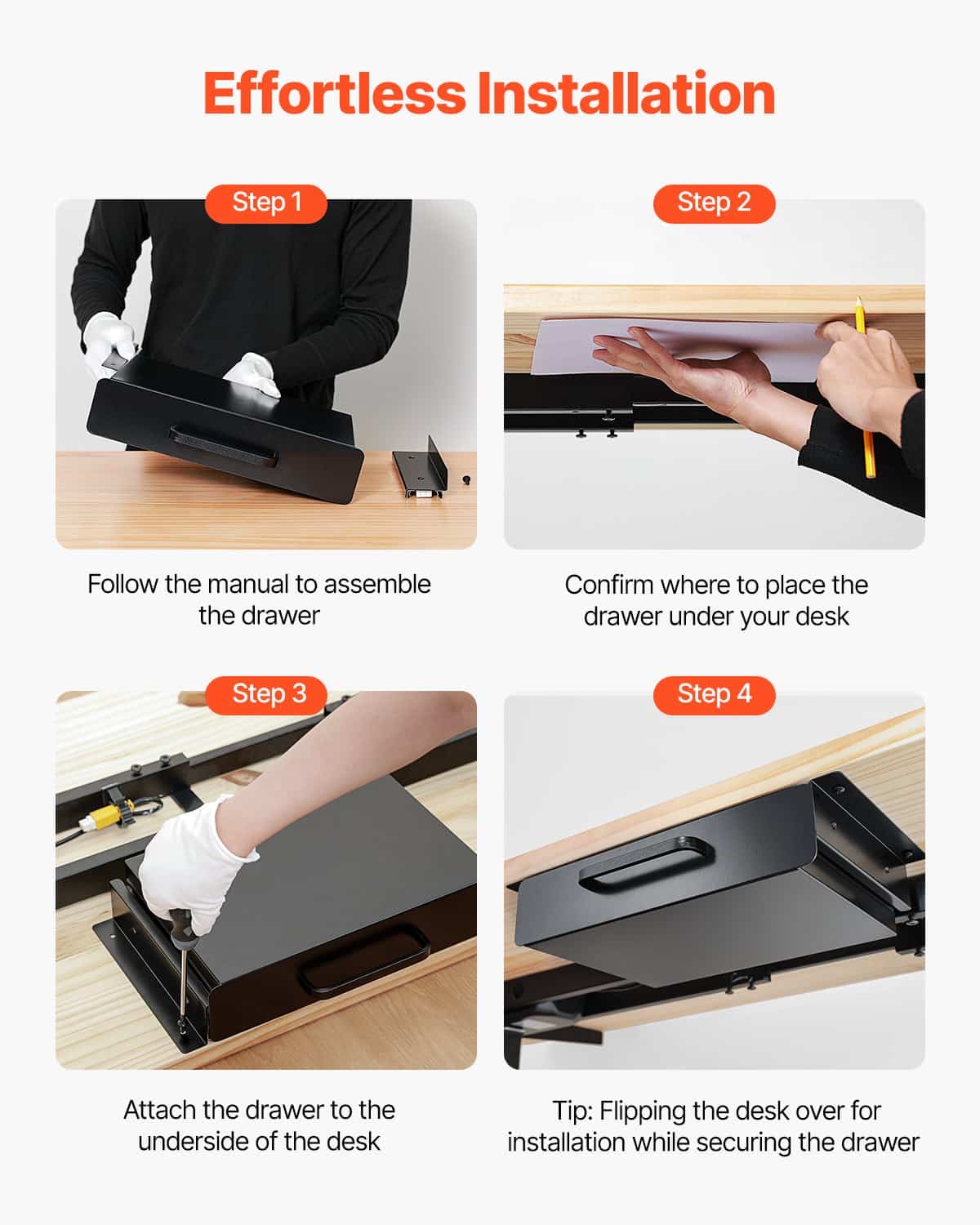 VEVOR 33cm Under Desk Pull-Out Drawer, Hidden Slide-Out Storage Organizer for Home & Office, Metal Mount, 38x20x7cm — изображение 7