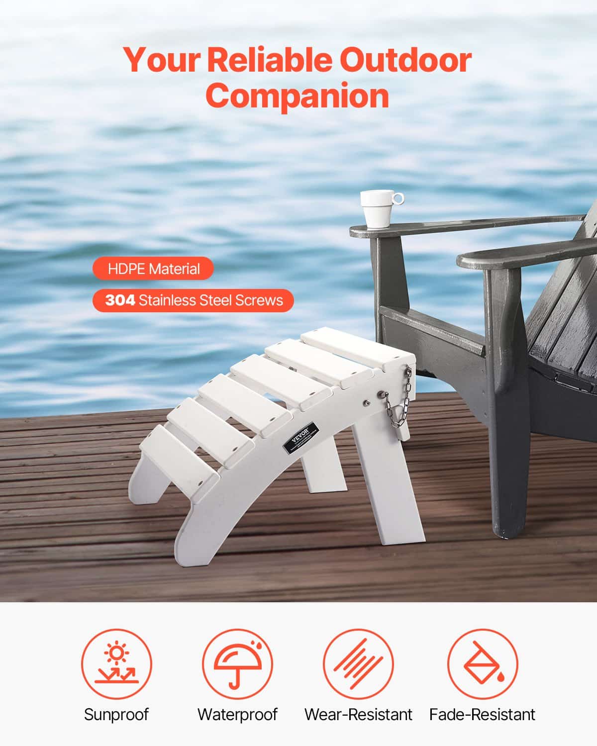 VEVOR White Folding Adirondack Ottoman, HDPE Plastic Foot Rest, 45x50x35cm, Weather-Resistant, for Outdoor Use — изображение 2