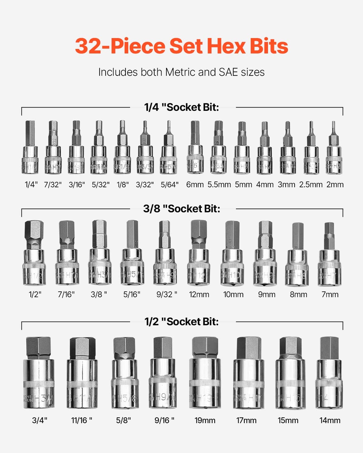 VEVOR 32-Piece Hex Bit Socket Set, S2 & Cr-V Steel, Metric & SAE, 6.35/9.5/12.7mm Drives, with Storage Case for Auto Repair - Pilt 3