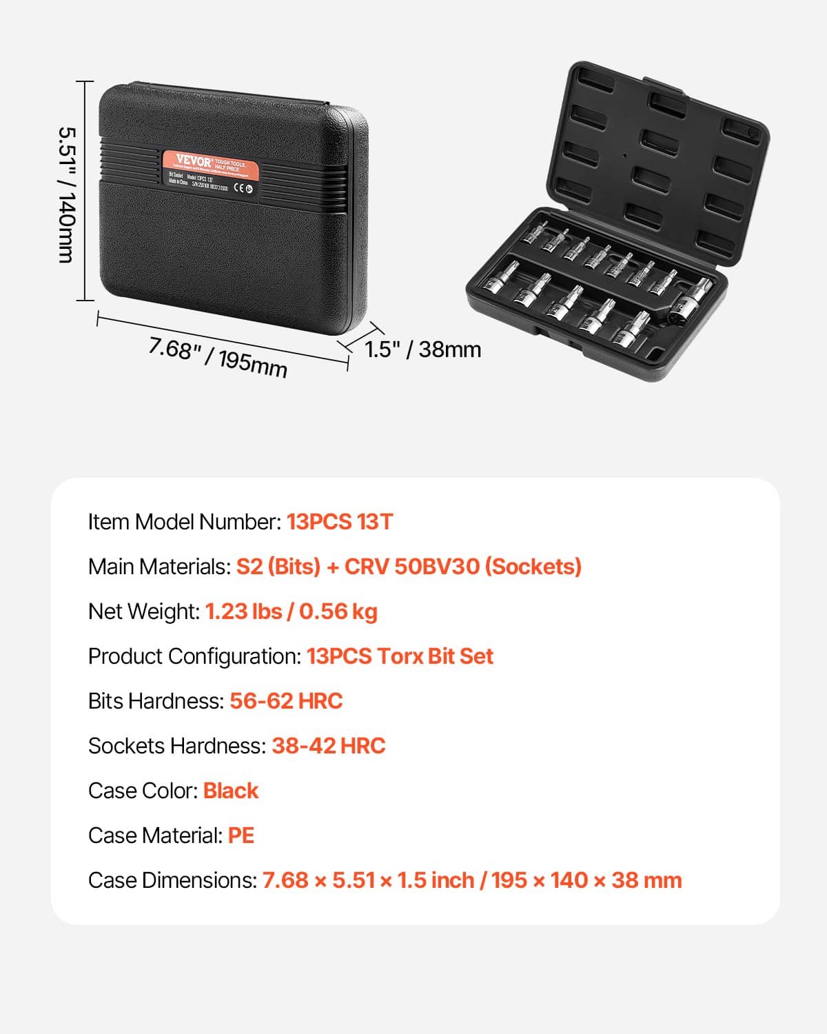 VEVOR 13-Piece Torx Bit Socket Set T8–T60, S2 & Cr-V Steel, 6.35/9.5/12.7 mm Drives, Rustproof with Case for Mechanics & Auto Repair — attēls 7