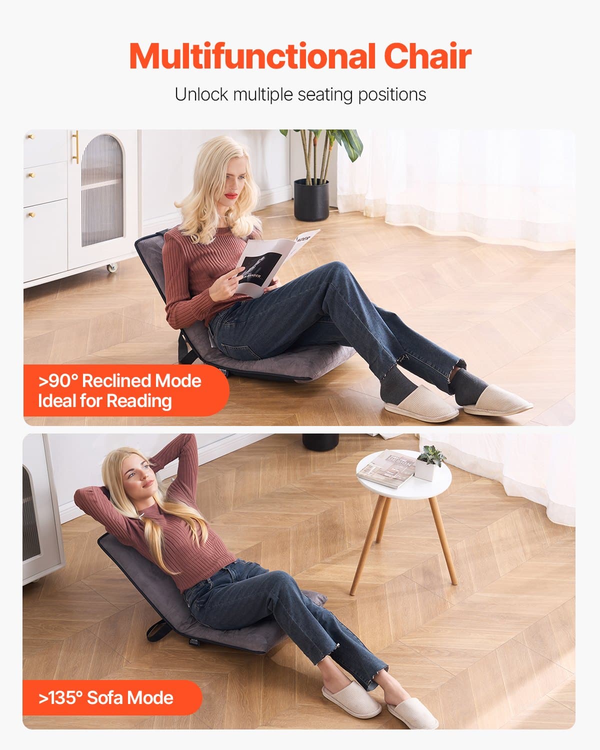 VEVOR Adjustable 6-Position Floor Chair with Back Support, Foldable Lounge Seat for Meditation, Reading & Gaming, Gray - Pilt 6