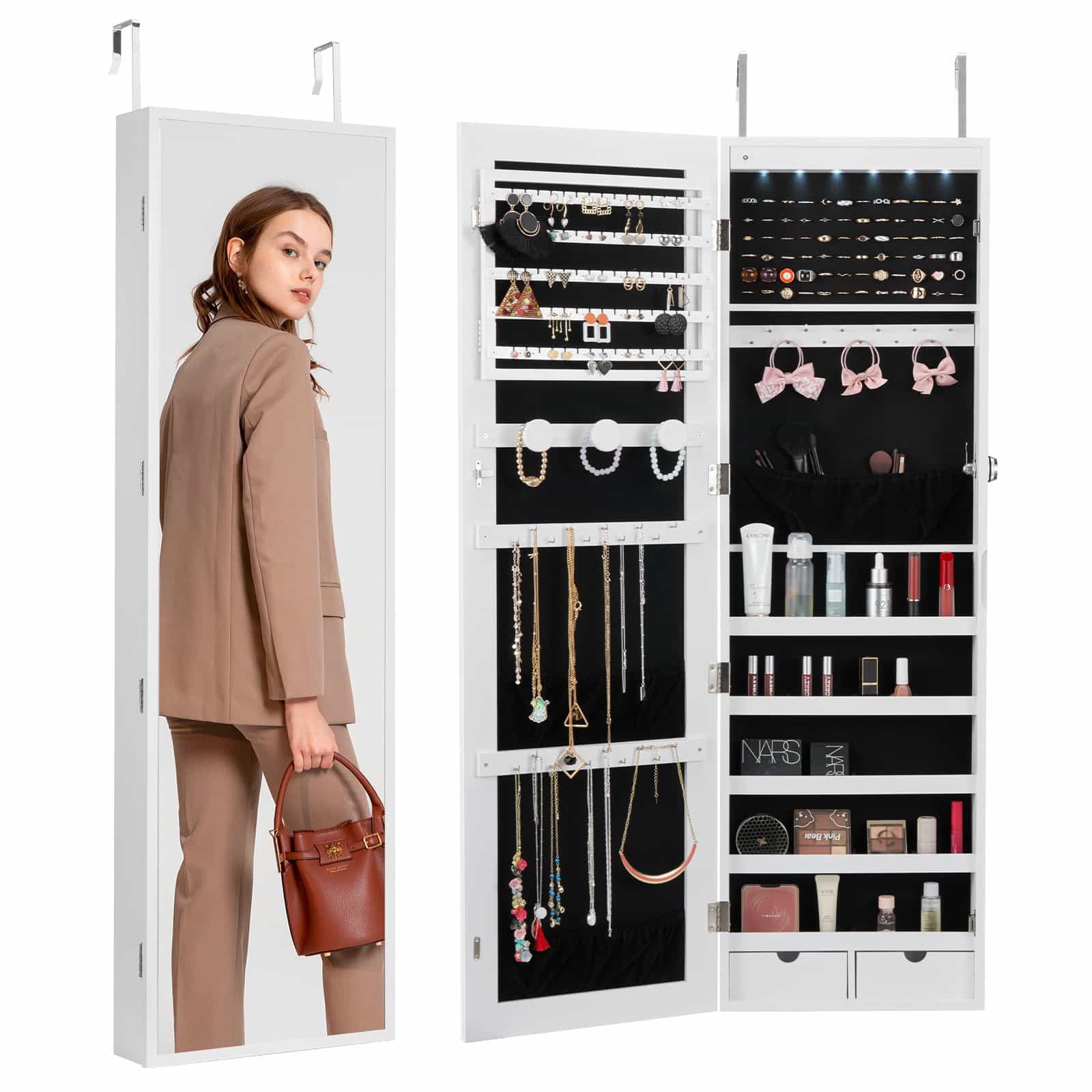 VEVOR 119.5cm Lockable Jewelry Cabinet with Full-Length Mirror, LED Lights, Wall/Door Mounted Organizer, White