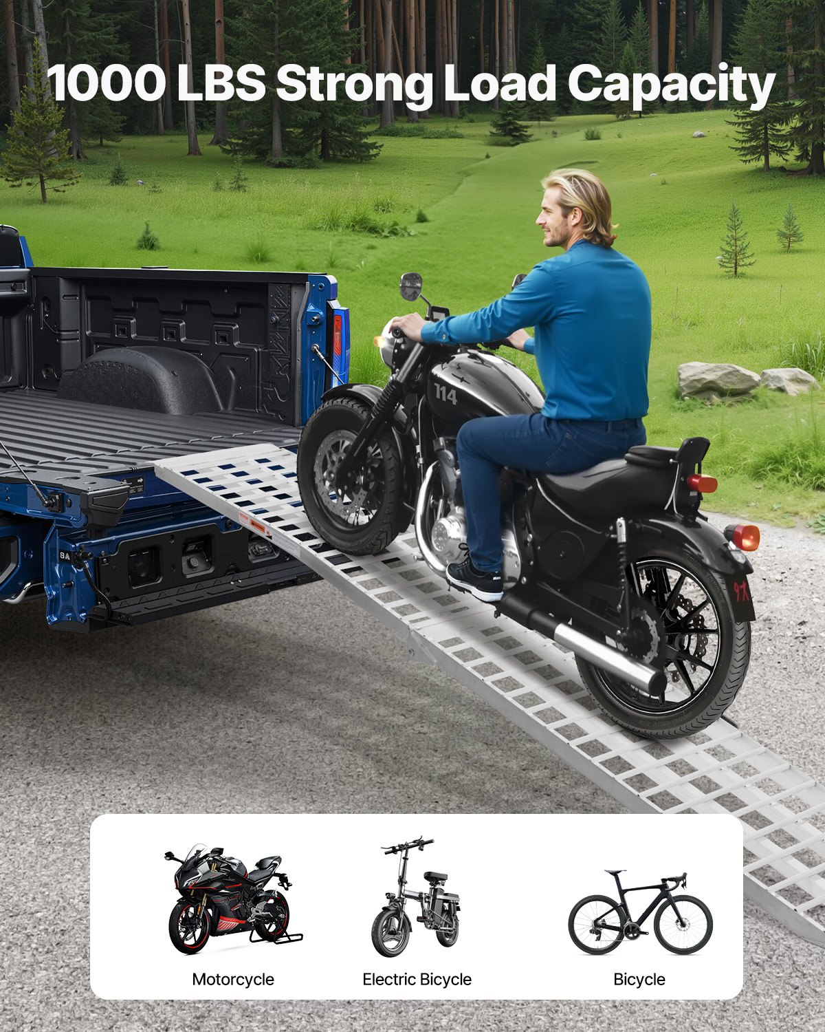 VEVOR Heavy-Duty Aluminum Loading Ramp 450 kg, Folding Anti-Slip Ramp with Handle for Motorcycle, E-Bike, Bicycle – Paveikslėlis 2