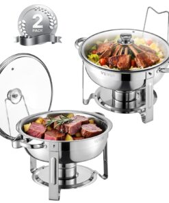 Набор VEVOR 5 л для подогрева еды, 2 шт. из нержавеющей стали с круглой формой, стеклянной крышкой, складной подставкой и держателем топлива - серебристый
