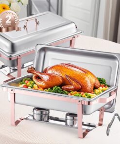 VEVOR 2-Pack 7.6L Rose Gold Chafing Dish Set – Stainless Steel Buffet Warmers with Pans, Stands, Lids for Catering & Events