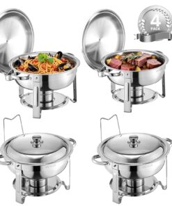 VEVOR 4-Pack 4.7L Stainless Steel Round Chafing Dish Set with Lids & Folding Stands – Buffet Warmer for Parties & Events, Silver