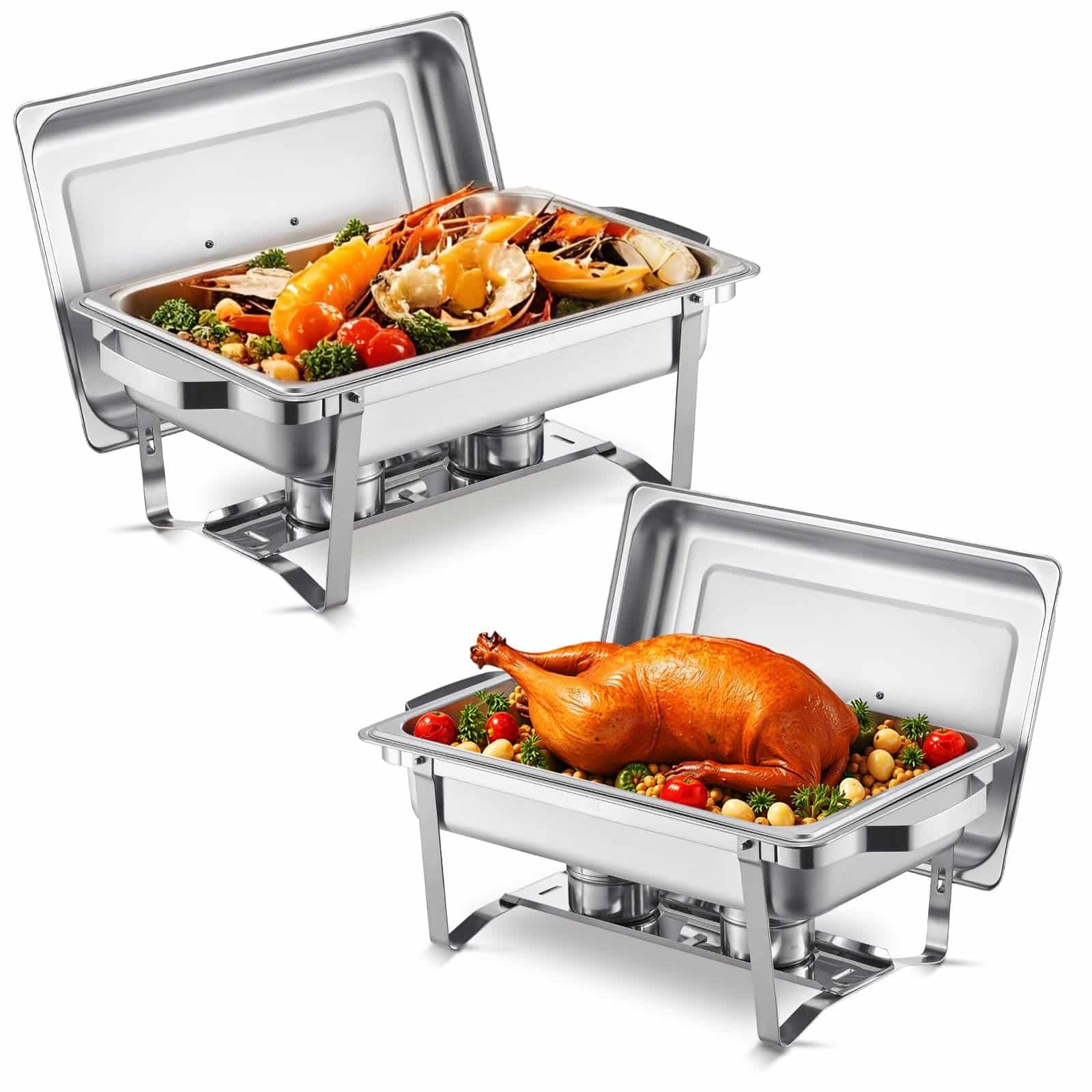 VEVOR 8L Chafing Dish Buffet Set 2-Pack, Stainless Steel Catering Warmers with Lids, Stands & Fuel Holders, Silver
