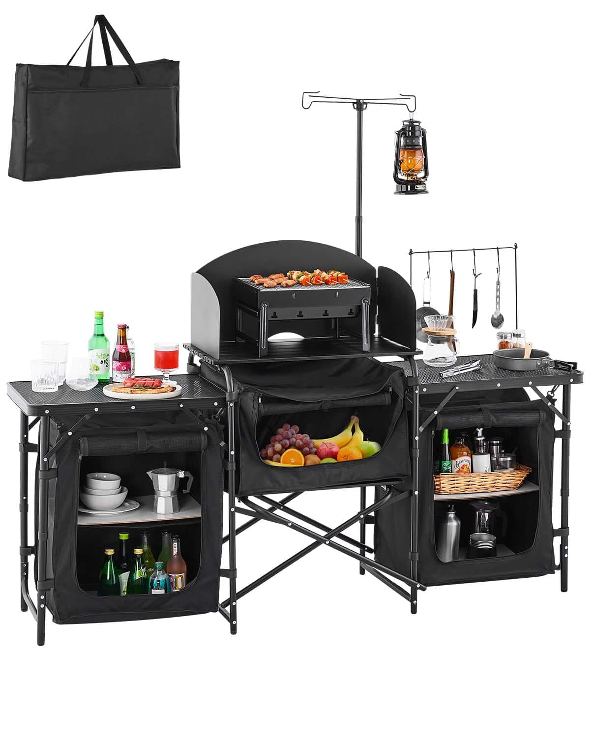 VEVOR Portable Camping Kitchen Table with 3 Storage Cupboards, Windscreen & Carry Bag, Aluminum Outdoor Cook Station, Black