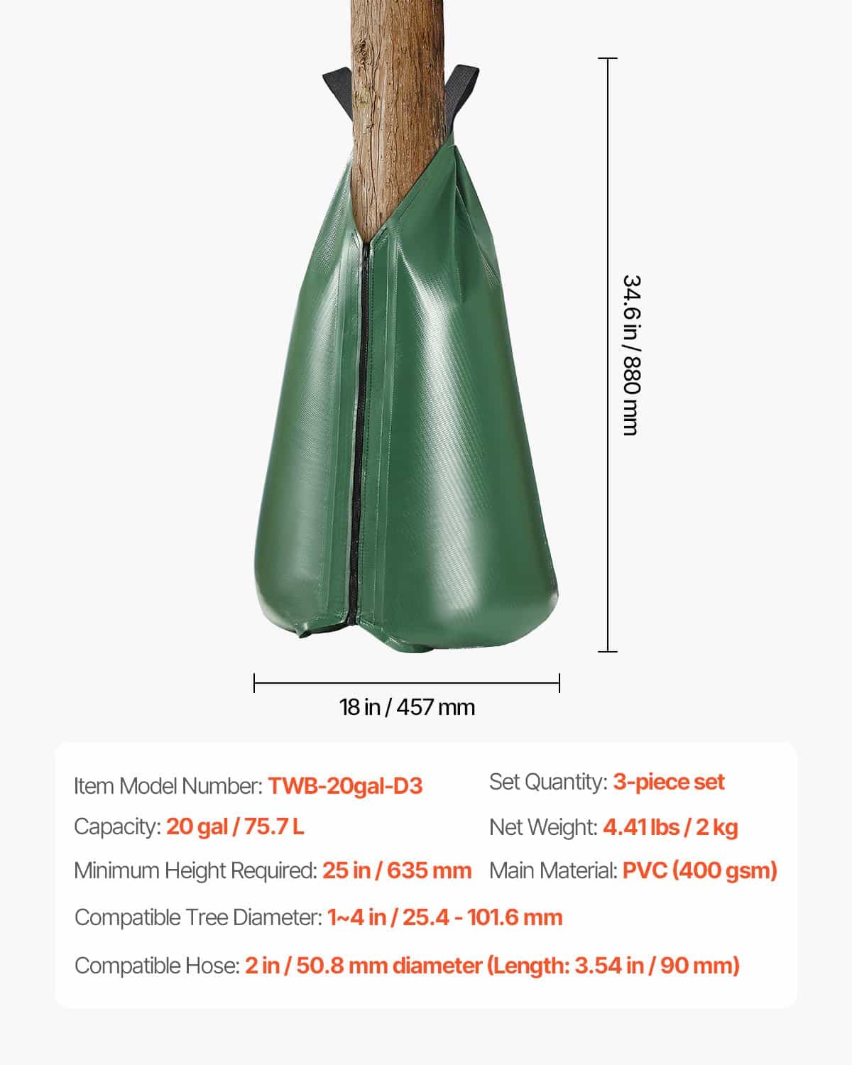 VEVOR 75.7L Tree Watering Bags, 3-Pack Slow Release Irrigation for New Trees, Refillable PVC Drip System with Zipper - Image 7