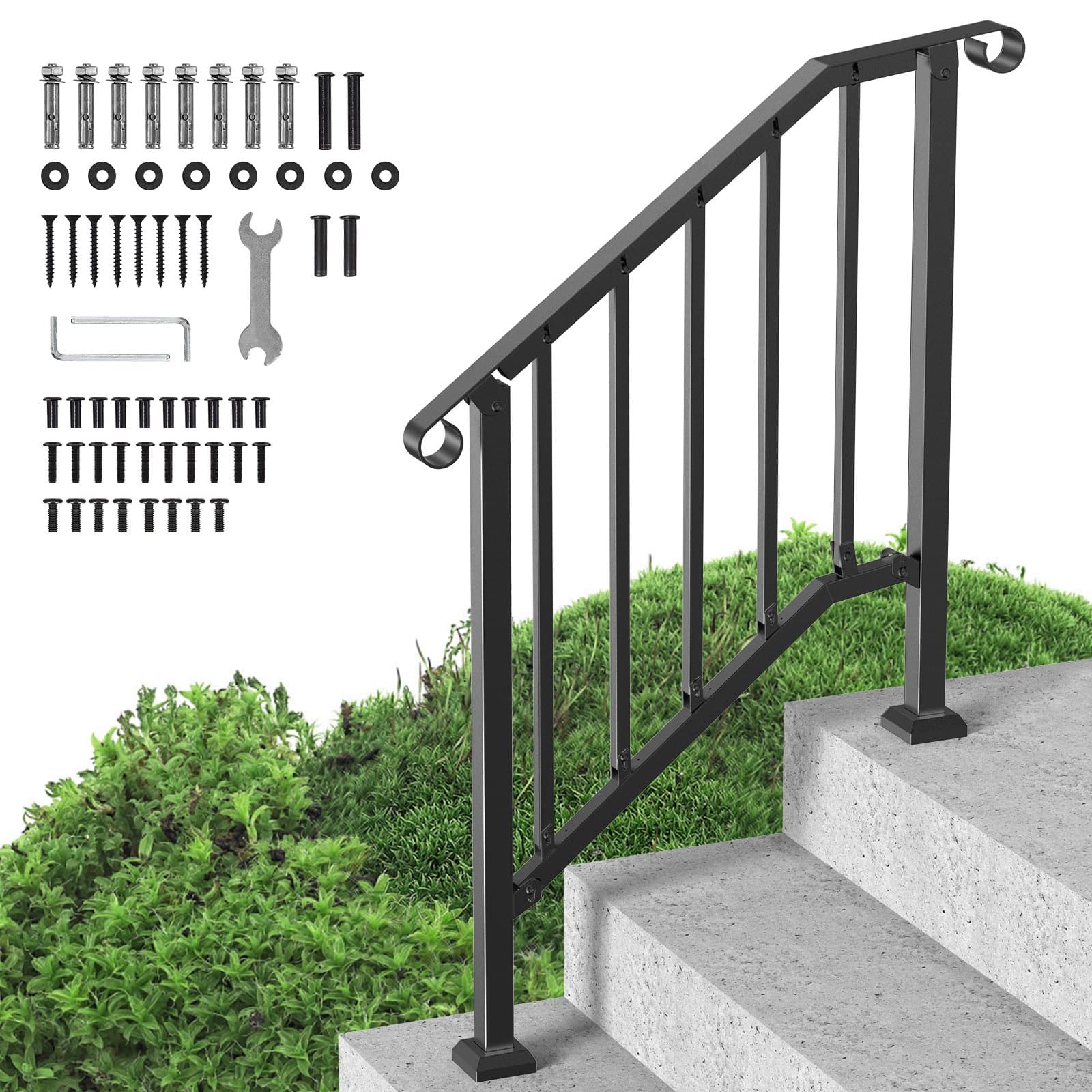 VEVOR Outdoor Handrail for 2-3 Steps, Carbon Steel Stair Railing with Install Kit, Black Retro Arch, 100 kg Load Capacity