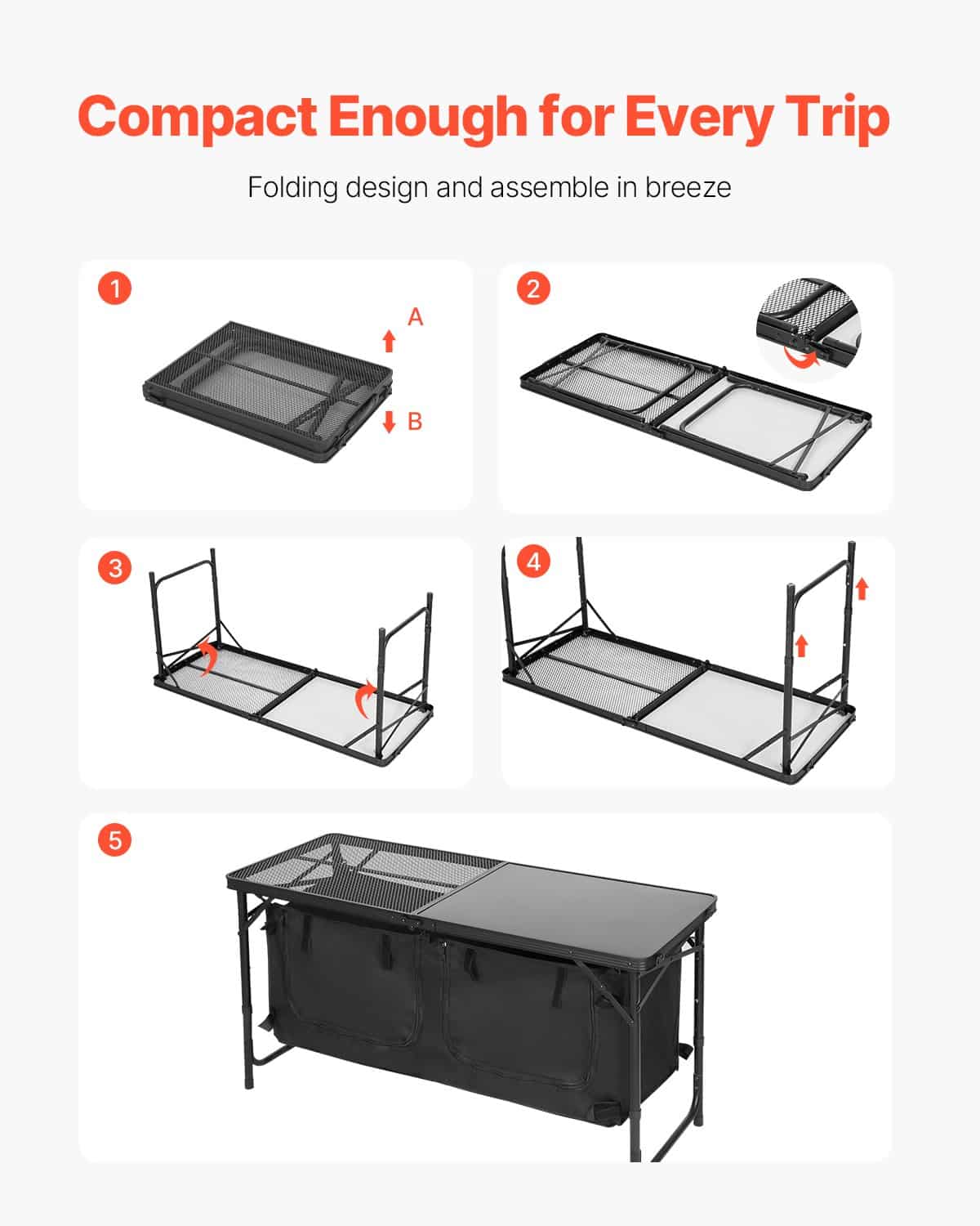 VEVOR Folding Camping Kitchen Table with Storage, 3 Height Levels (56/64/71 cm), Lightweight Aluminum Portable Cook Station for BBQ, RV, Picnic — изображение 5