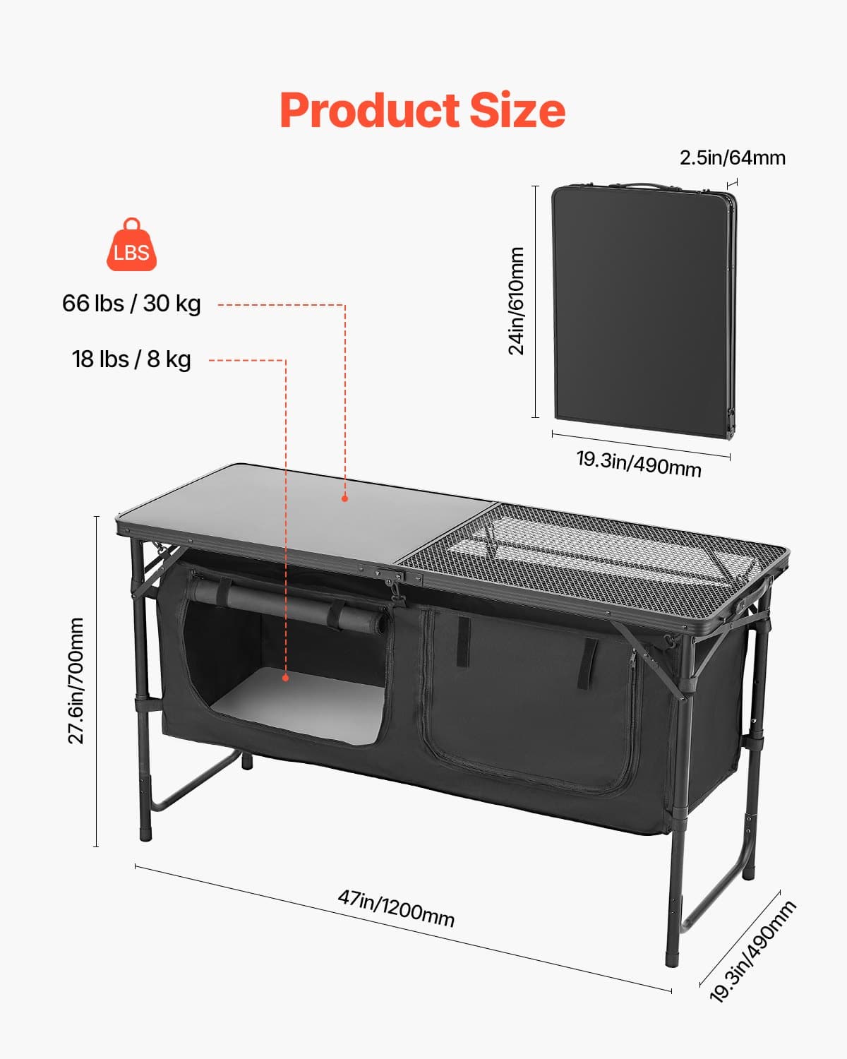 VEVOR Folding Camping Kitchen Table with Storage, 3 Height Levels (56/64/71 cm), Lightweight Aluminum Portable Cook Station for BBQ, RV, Picnic — изображение 6
