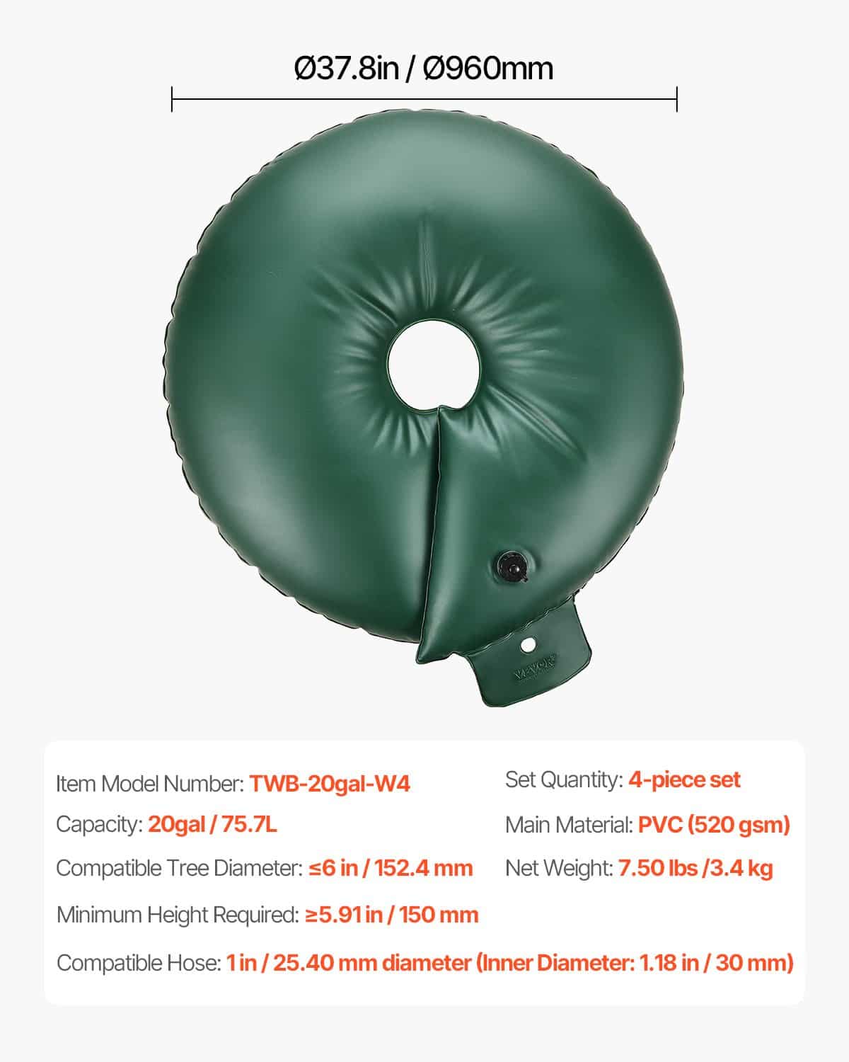 VEVOR Tree Watering Rings, 4-Pack 75.5L Bags for 6–9 Hour Slow Release, Refillable Irrigation for Trees and Shrubs - Зображення 7