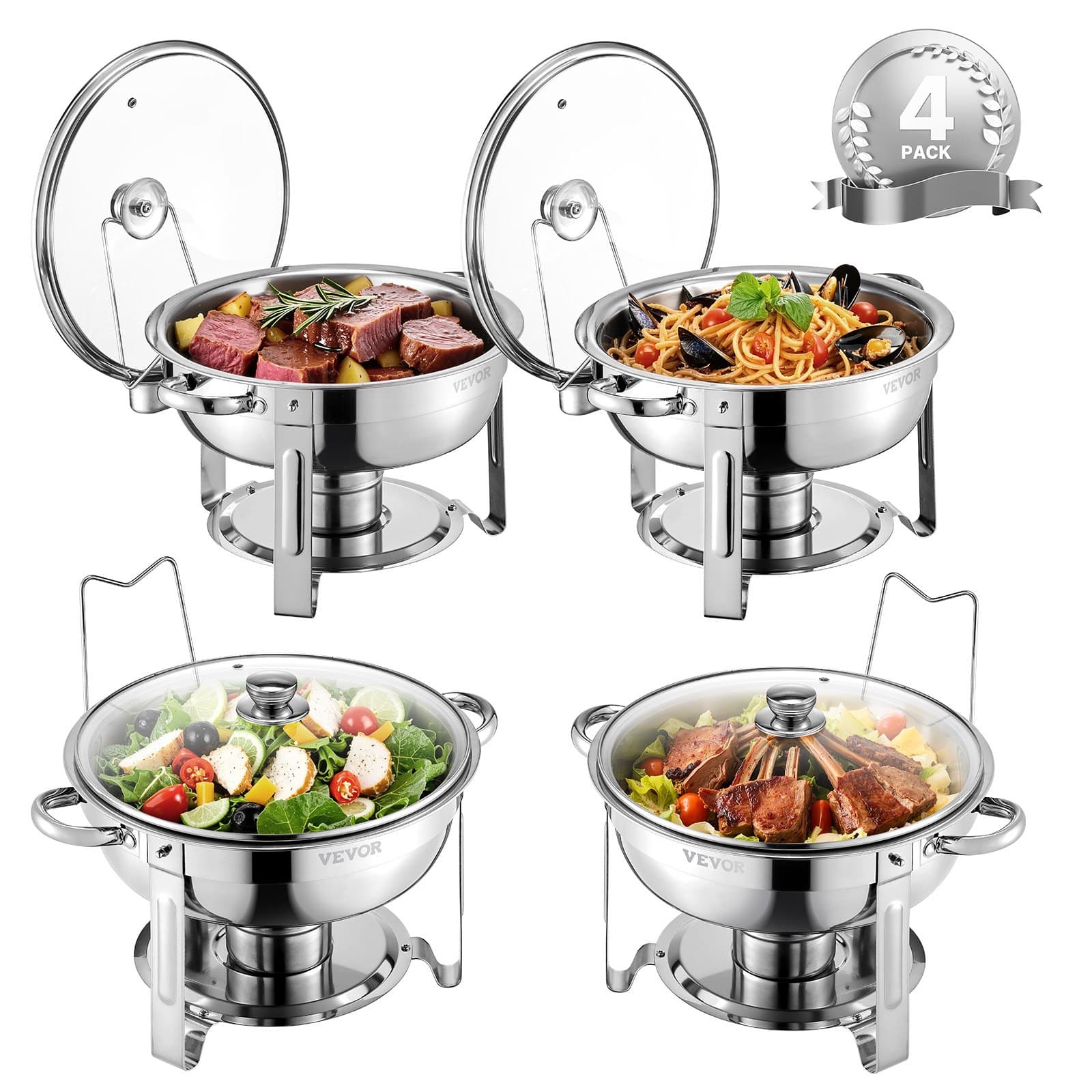 VEVOR 4-Pack 4.7L Stainless Steel Round Chafing Dishes with Glass Lids & Folding Stands – Buffet Set for Catering & Events
