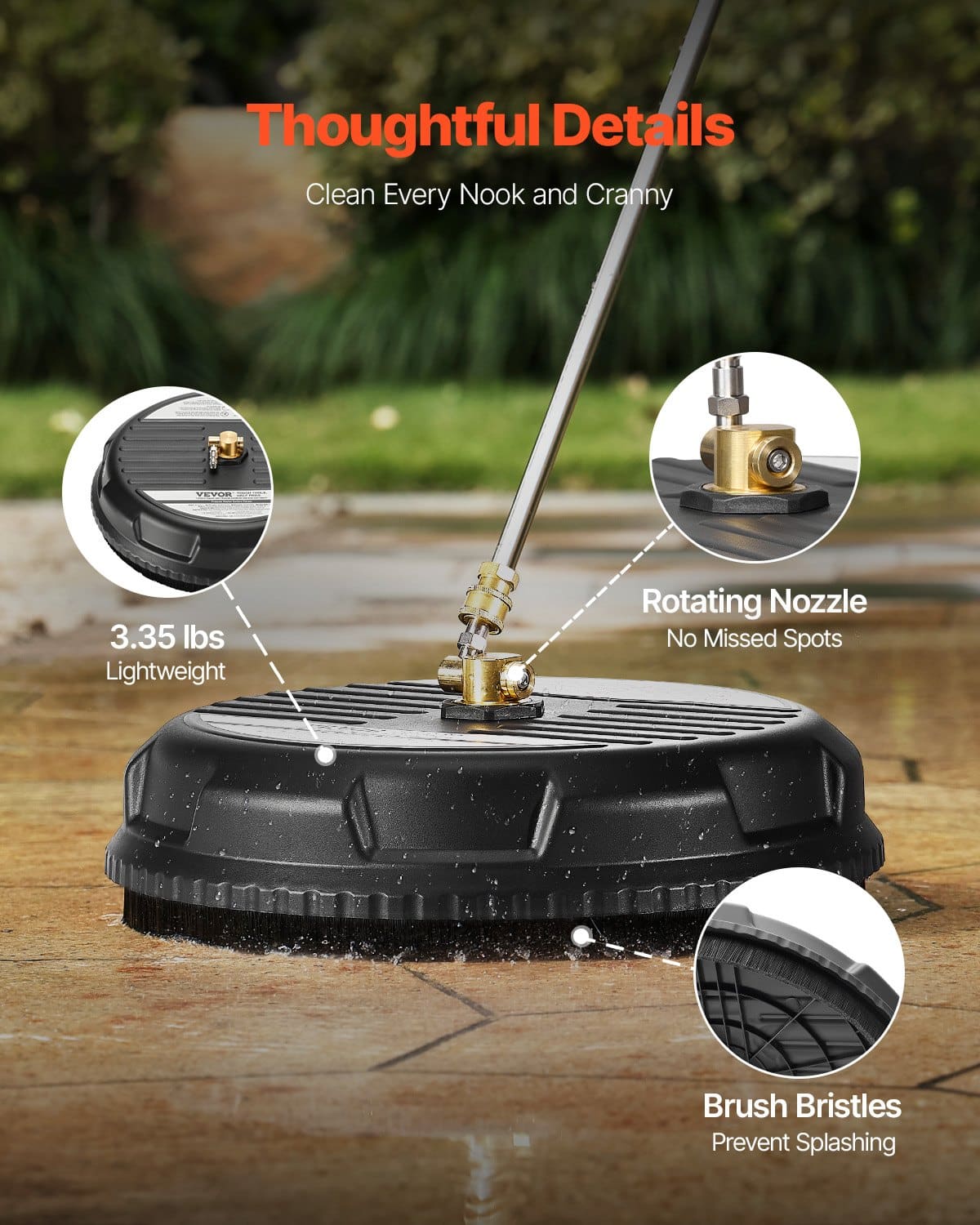 VEVOR 38cm Pressure Washer Surface Cleaner with 4 Wheels, 3000 PSI, 2 Nozzles, 2 Wands, 1/4 Quick Connector for Patio & Driveway — Attēls 5