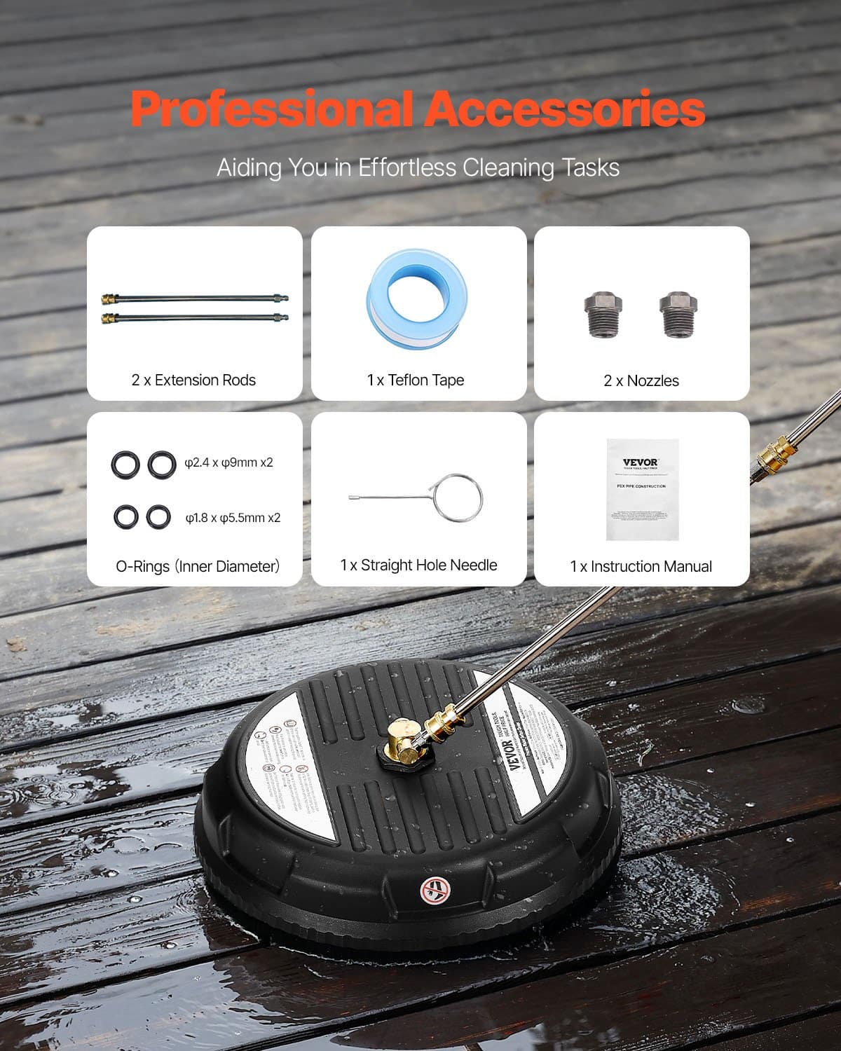 VEVOR 38cm Pressure Washer Surface Cleaner with 4 Wheels, 3000 PSI, 2 Nozzles, 2 Wands, 1/4 Quick Connector for Patio & Driveway — Attēls 6