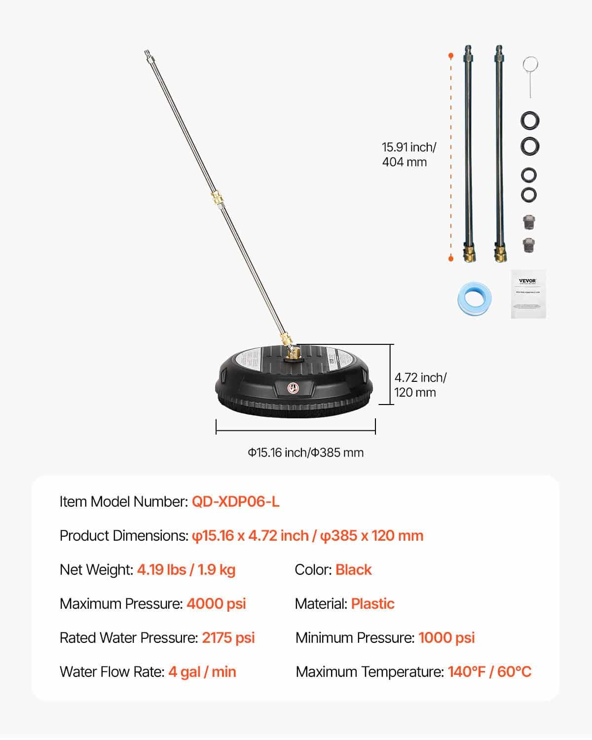 VEVOR 38cm Pressure Washer Surface Cleaner with 4 Wheels, 3000 PSI, 2 Nozzles, 2 Wands, 1/4 Quick Connector for Patio & Driveway — Attēls 7