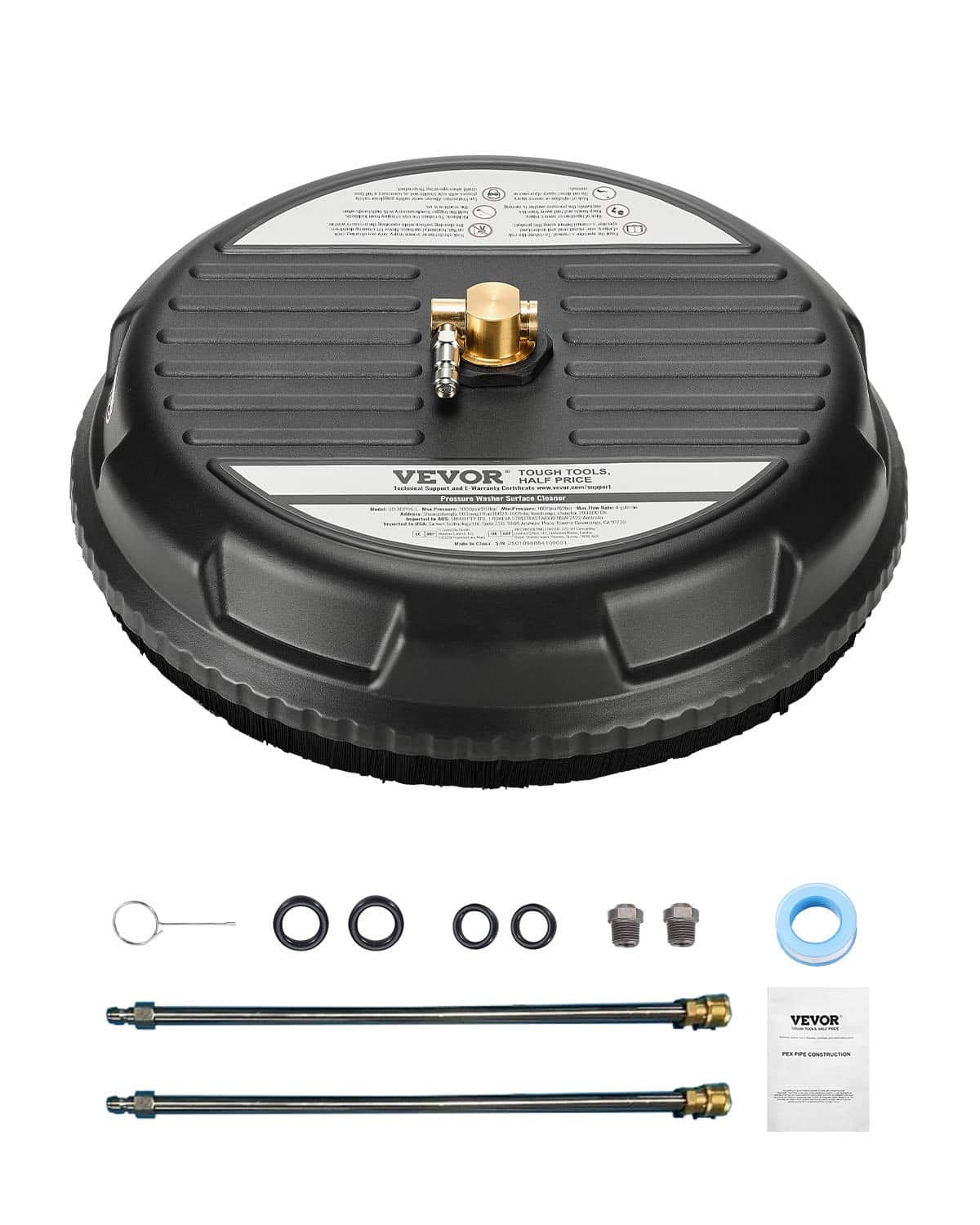 VEVOR 38cm Pressure Washer Surface Cleaner with 4 Wheels, 3000 PSI, 2 Nozzles, 2 Wands, 1/4 Quick Connector for Patio & Driveway