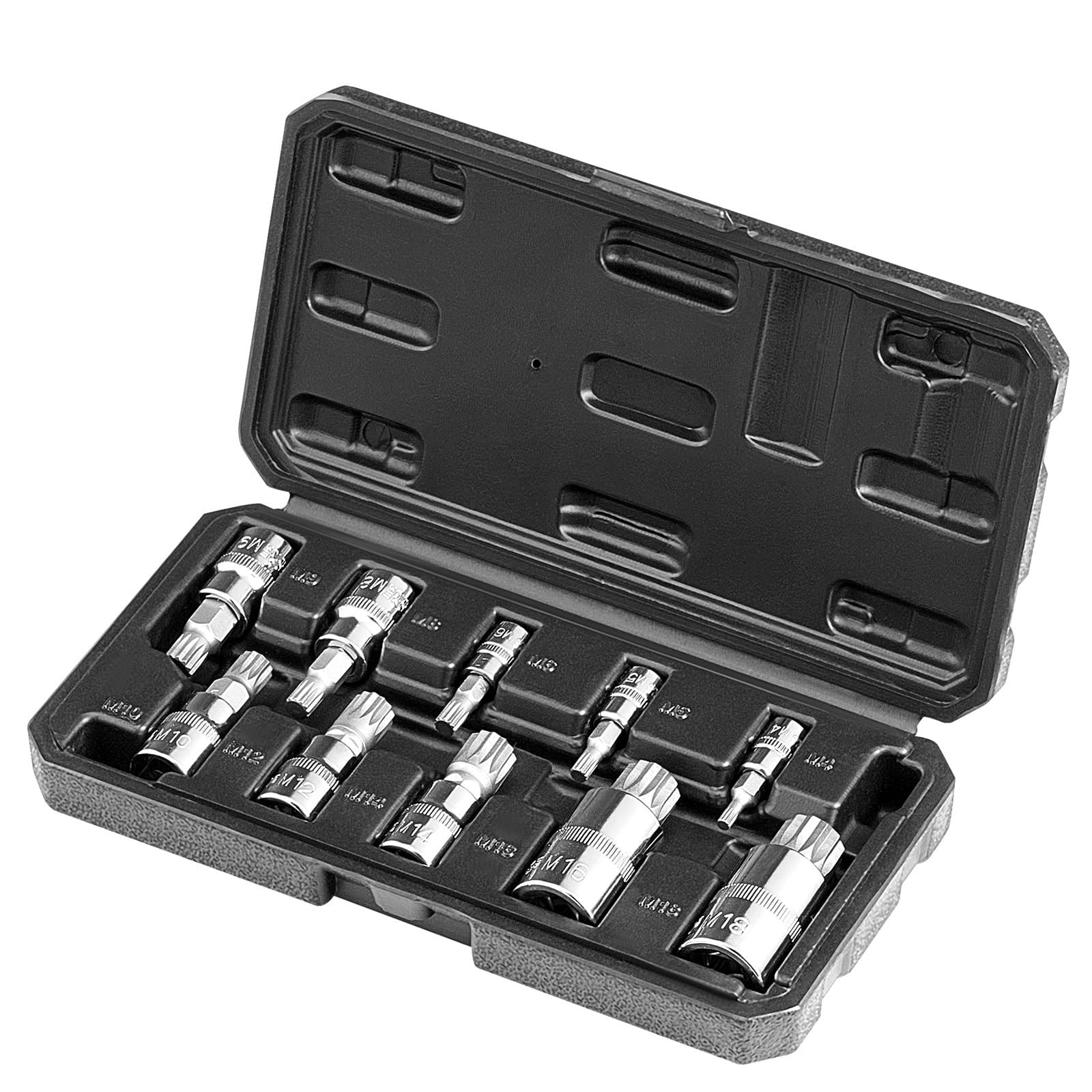 VEVOR 10-Piece Triple Square Spline Bit Socket Set M4–M18, Cr-V Steel, 6.35/9.5/12.7mm Drives, with Storage Case for Automotive Use - Pilt 11