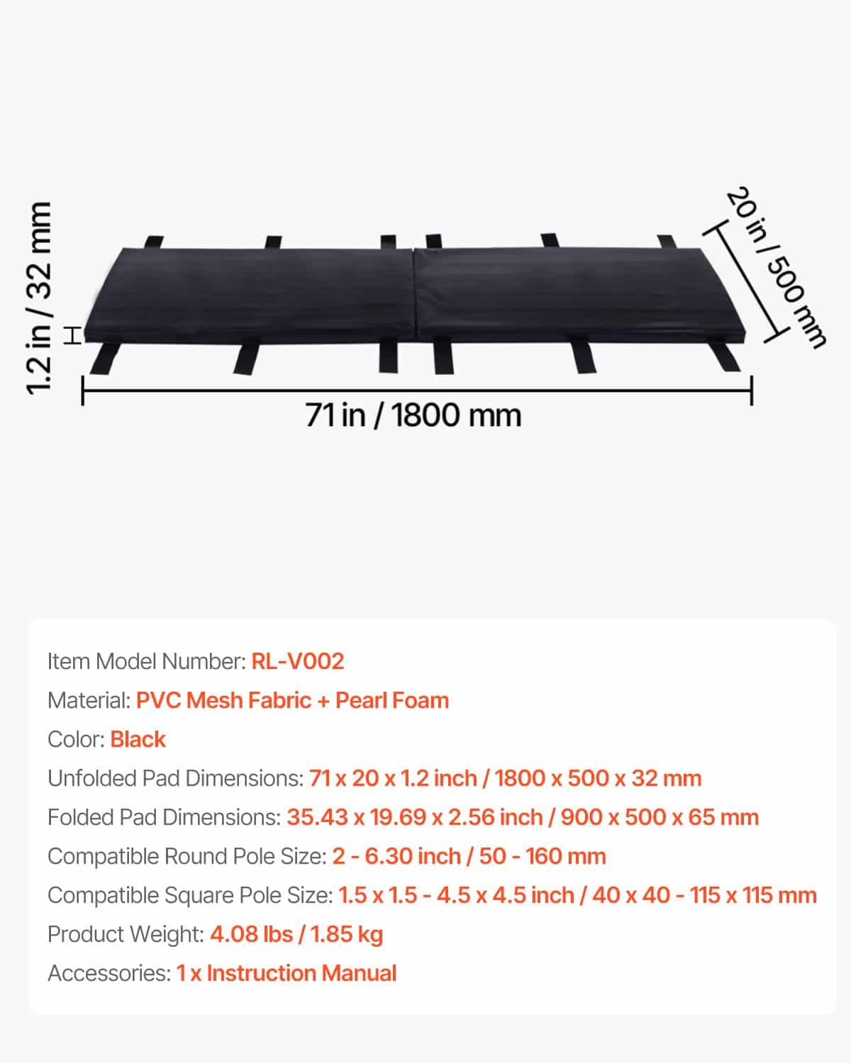 VEVOR Basketball Pole Pad 180cm Tall, 30mm Thick Waterproof Foam Padding for 50–160mm Round & 40–115mm Square Poles - Image 7