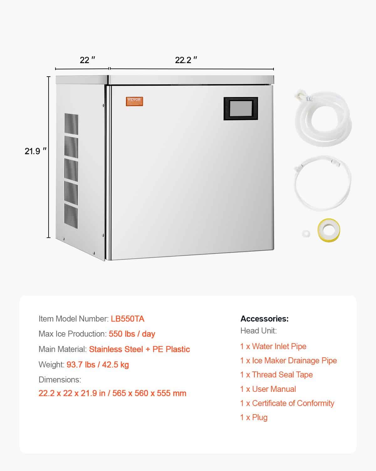 VEVOR Commercial Ice Maker Head, 250 kg/Day, Self-Cleaning, Adjustable Thickness, Intelligent Control, Fast Ice Production — изображение 7