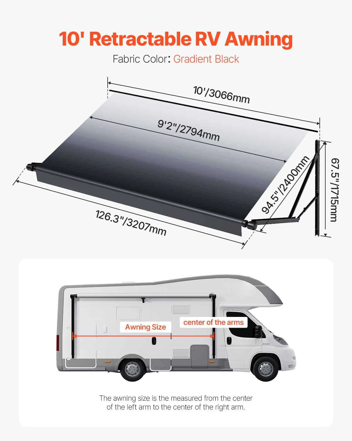 VEVOR Electric RV Awning Kit 3x2.4m, Retractable Waterproof Sunshade with Aluminum Frame, for Most RVs, Black Fade - Image 7