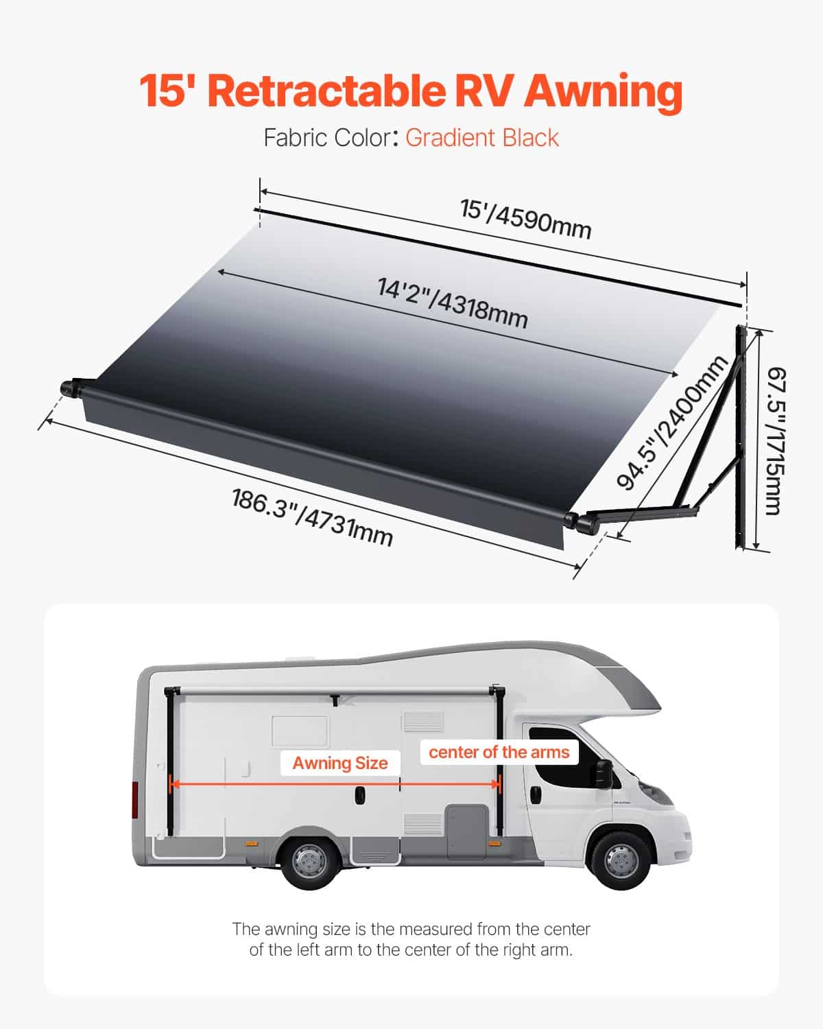 VEVOR 4.57m Motorized RV Awning Kit with Aluminum Frame, Retractable Waterproof UV-Resistant Canopy, Fits Most RVs - Black Fade - Image 7