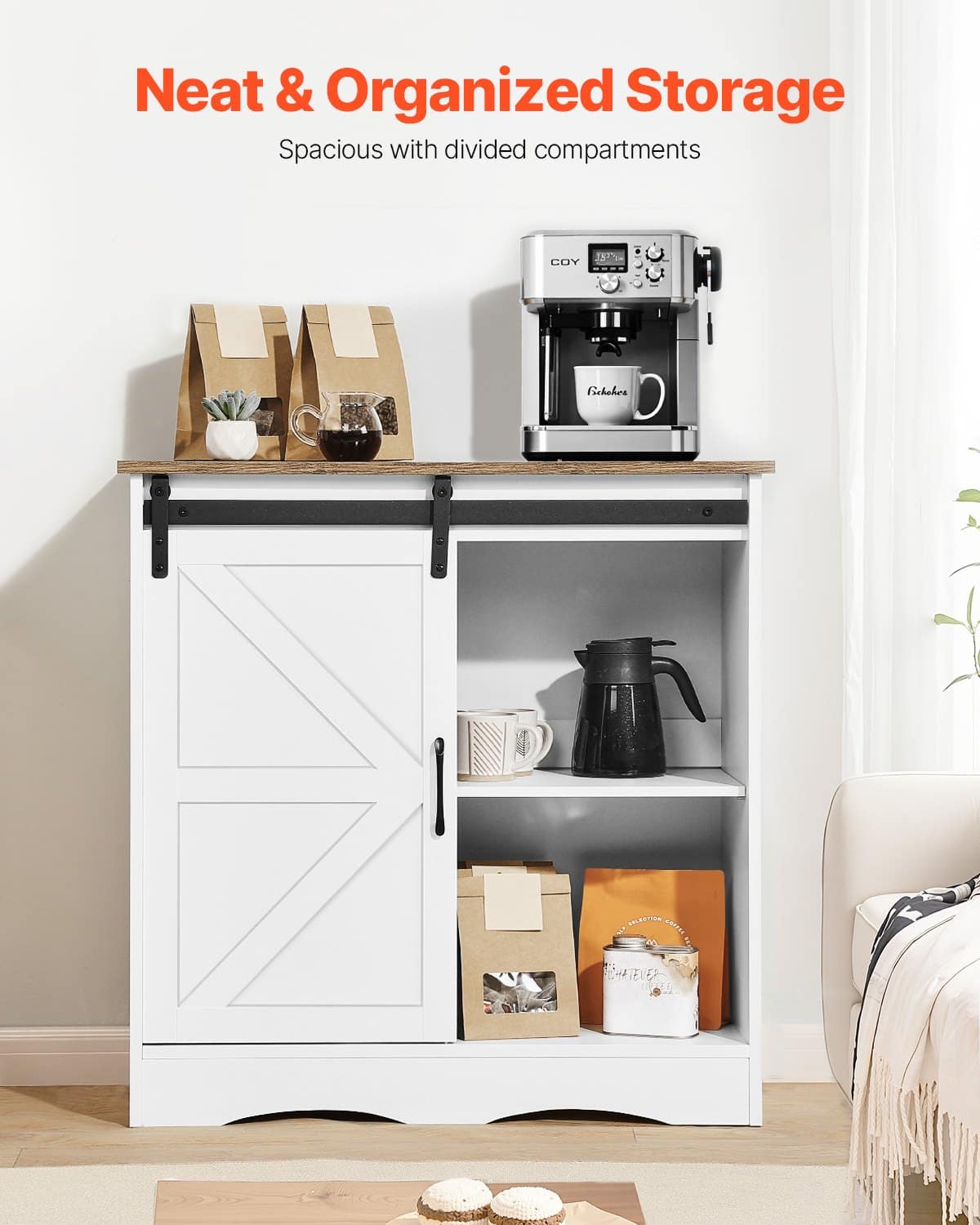 VEVOR Farmhouse Coffee Bar Cabinet with Sliding Barn Door, 3-Tier Storage, 80x35x80 cm Sideboard for Living Room/Entryway - Pilt 5